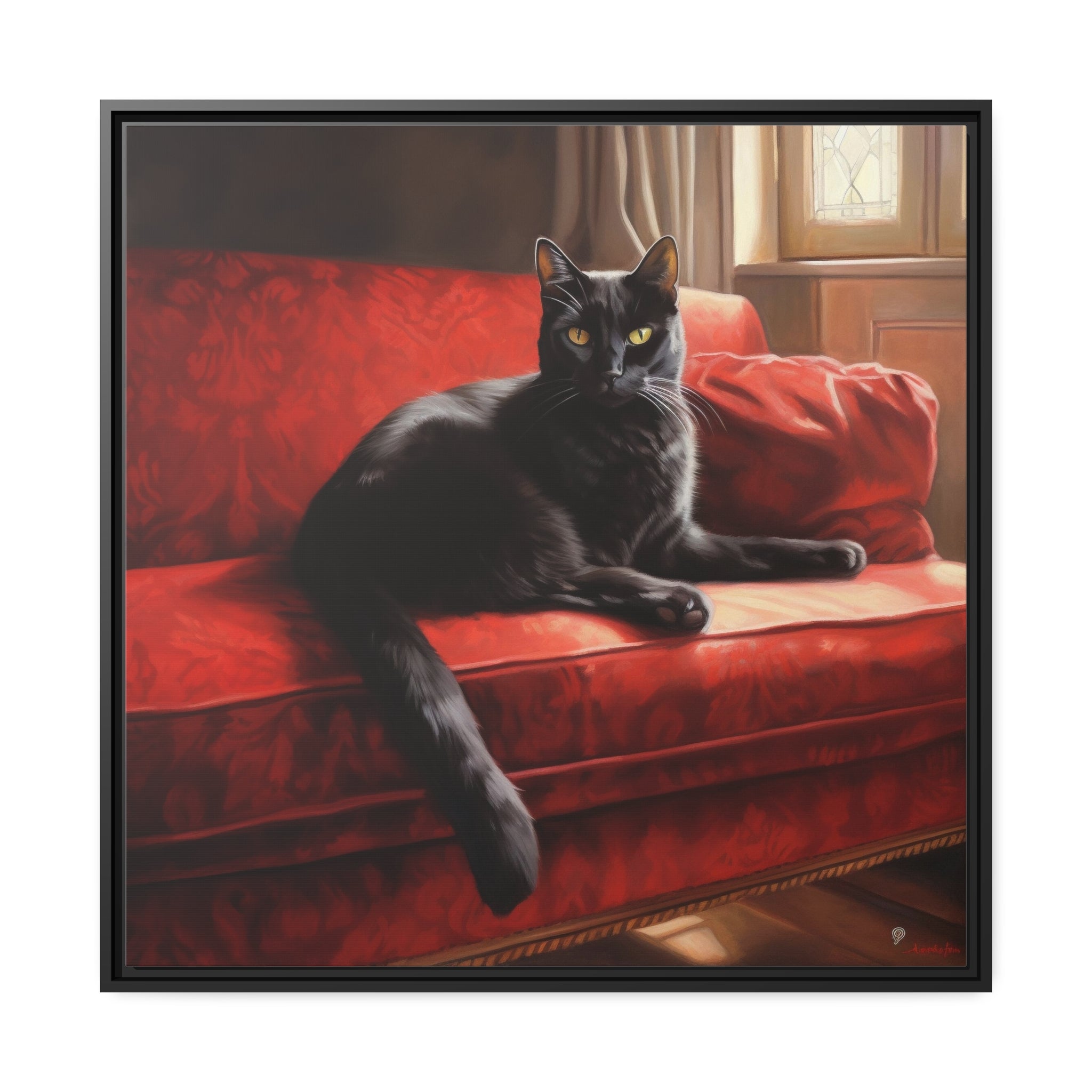 Cat On Red Couch Matte Canvas, Black Frame