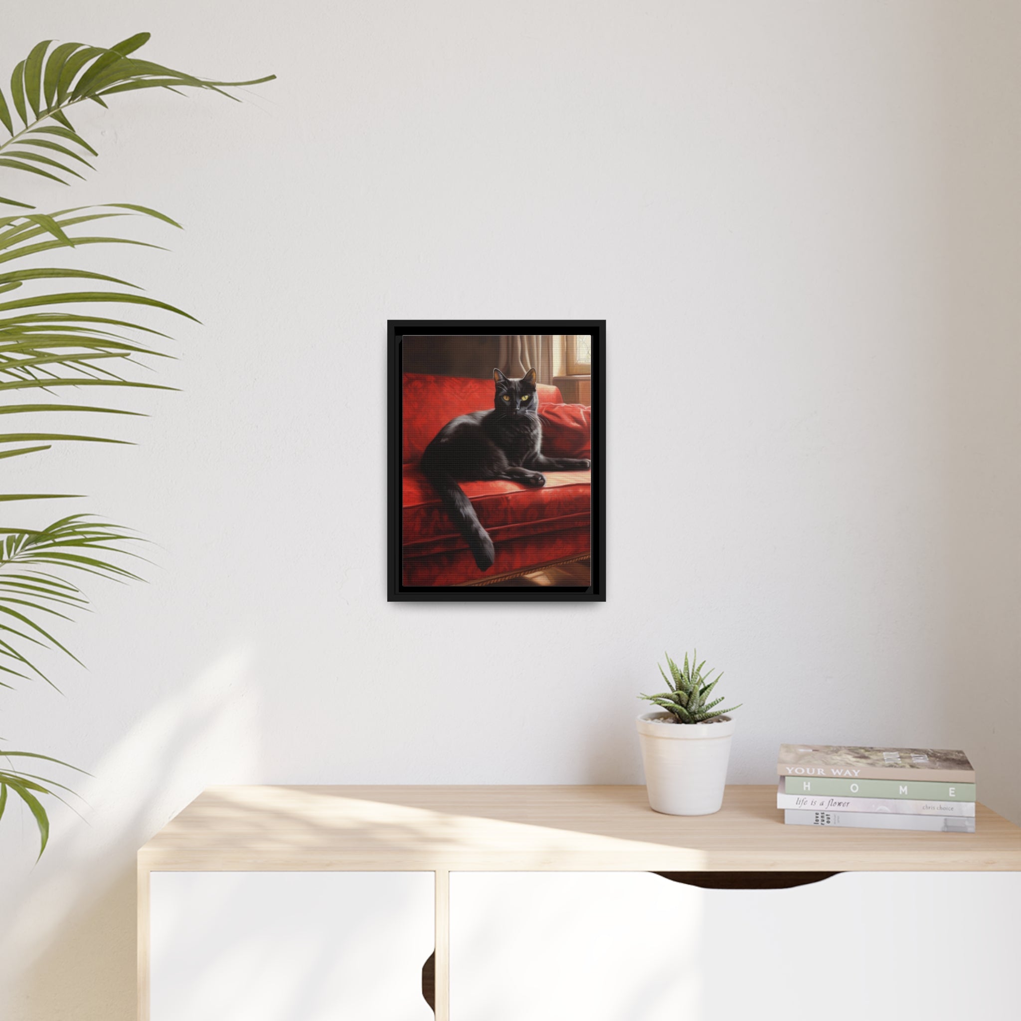 Cat On Red Couch Matte Canvas, Black Frame