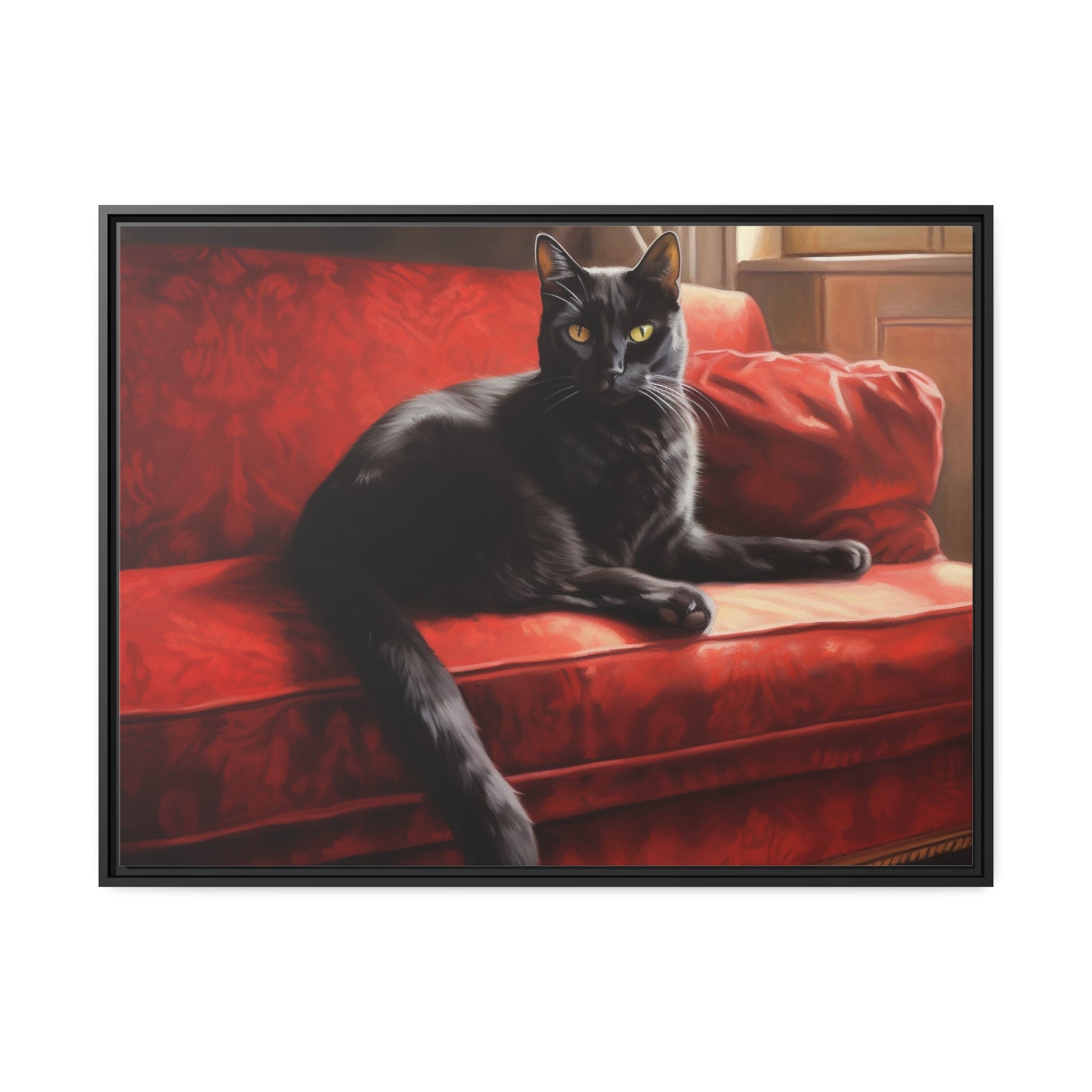 Cat On Red Couch Matte Canvas, Black Frame