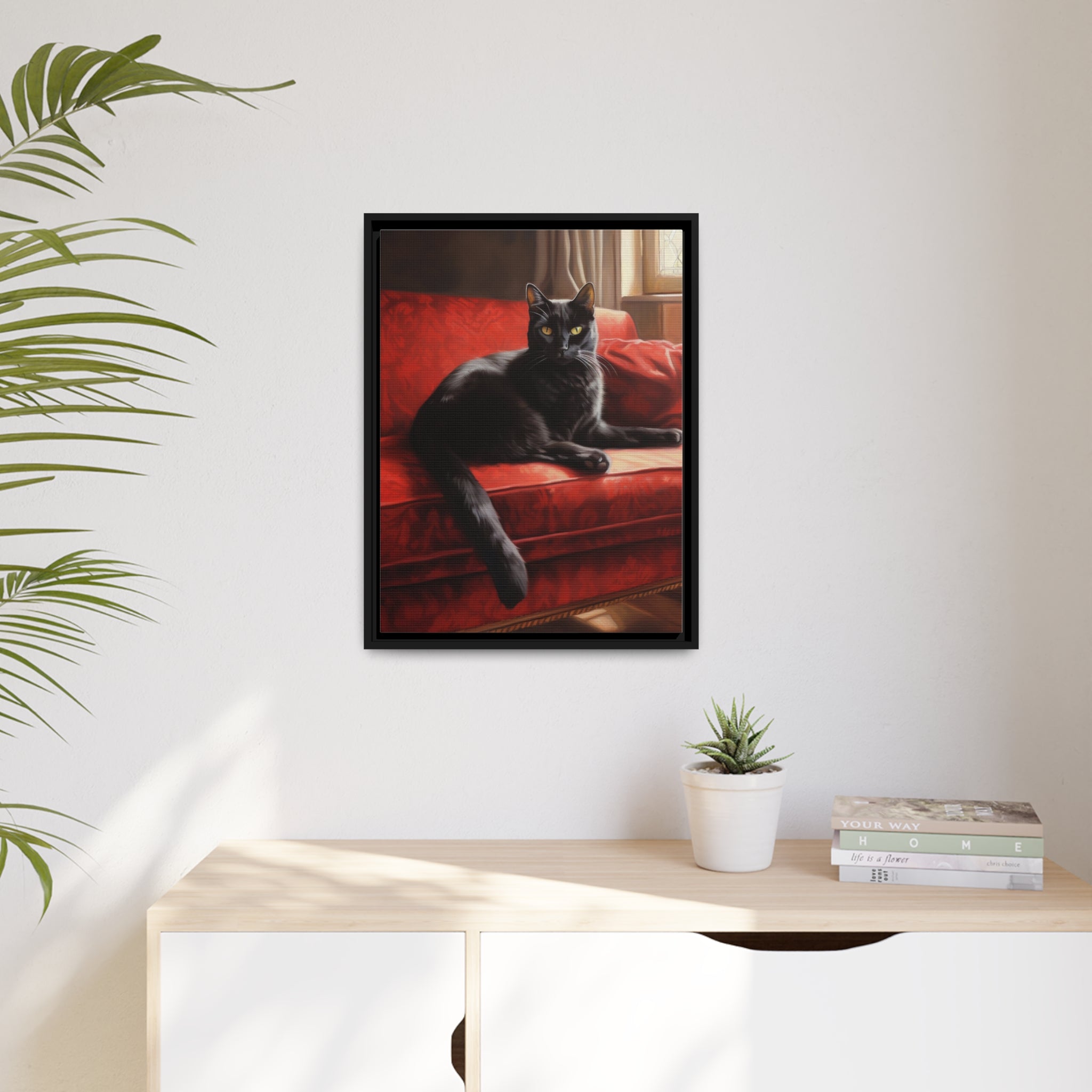 Cat On Red Couch Matte Canvas, Black Frame