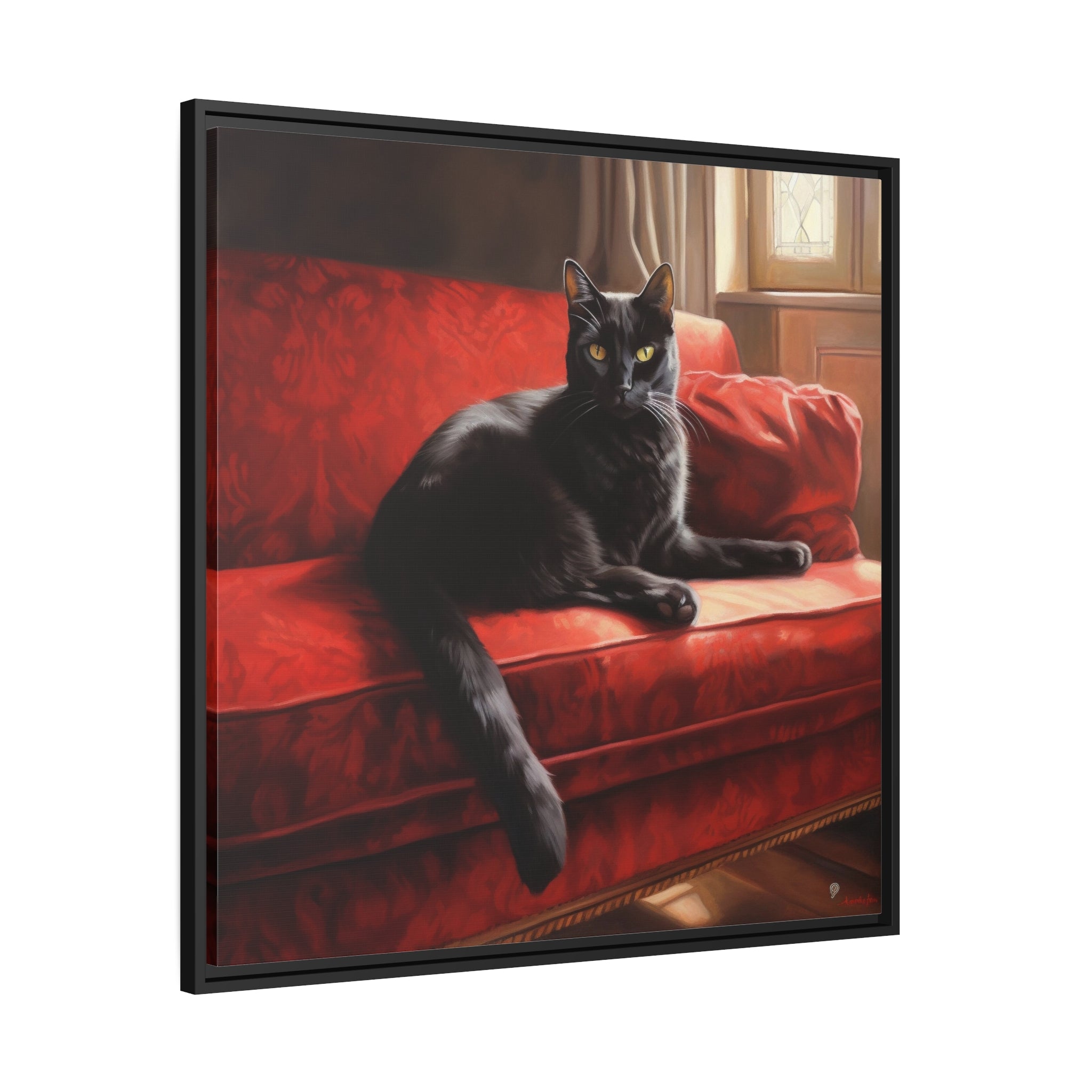 Cat On Red Couch Matte Canvas, Black Frame