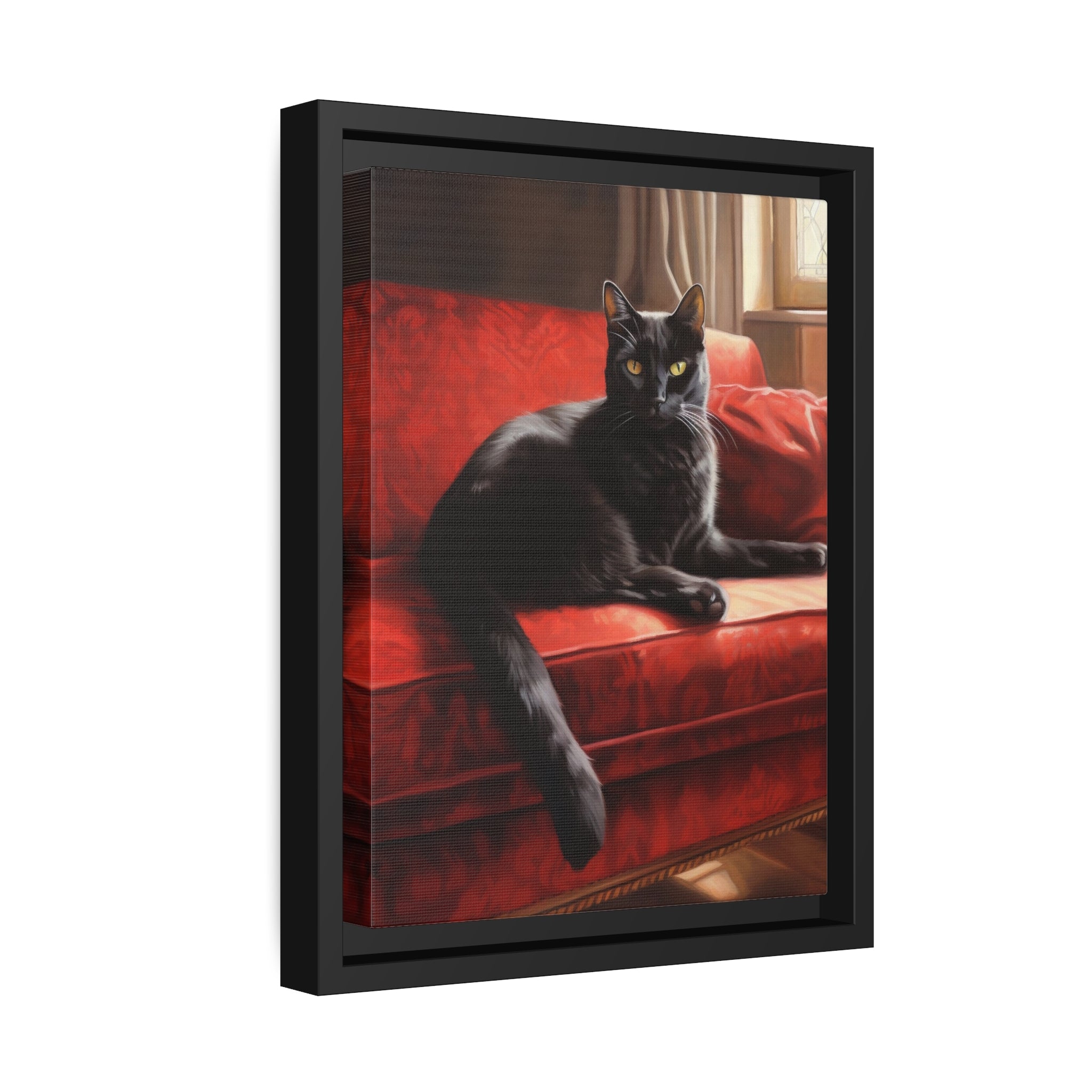 Cat On Red Couch Matte Canvas, Black Frame