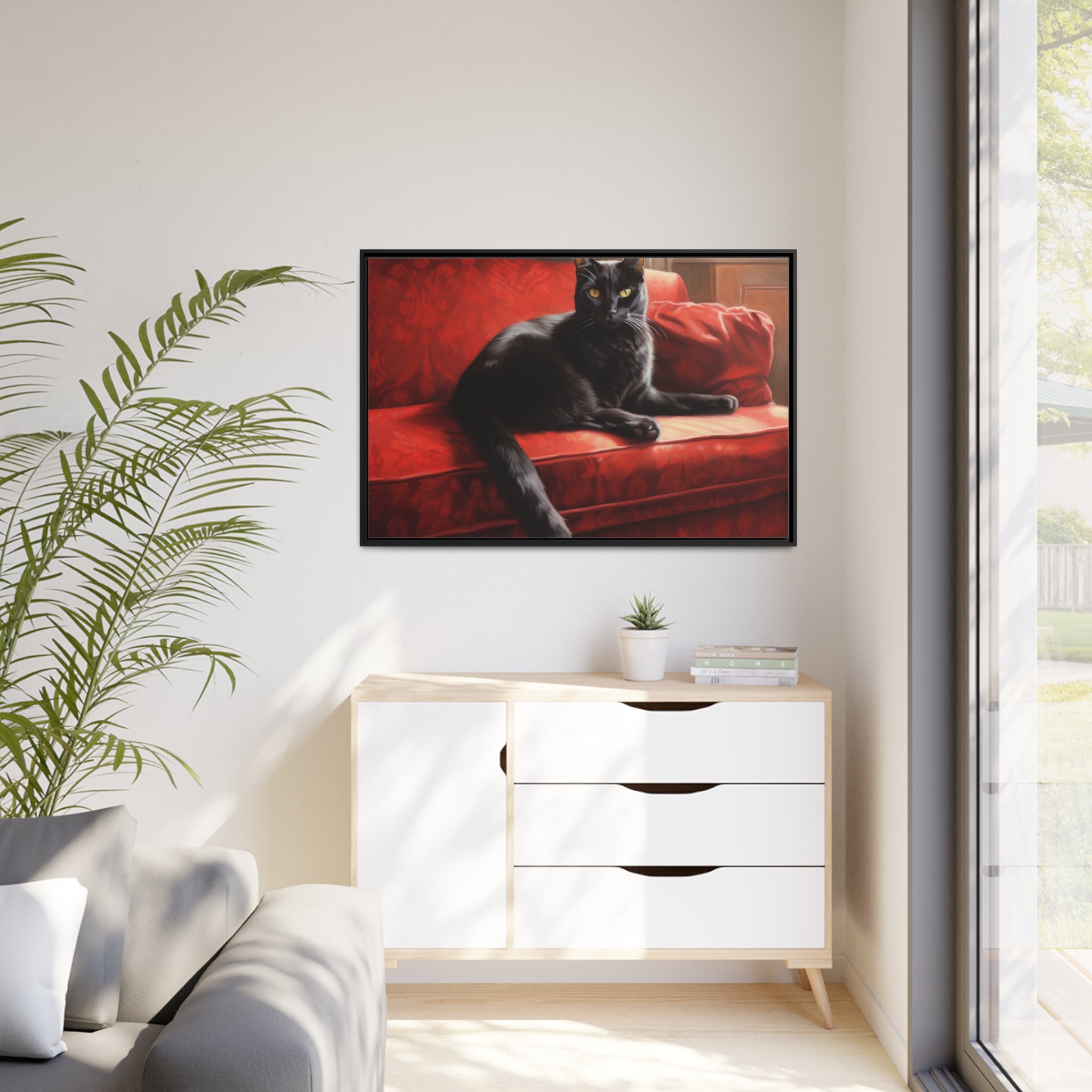 Cat On Red Couch Matte Canvas, Black Frame