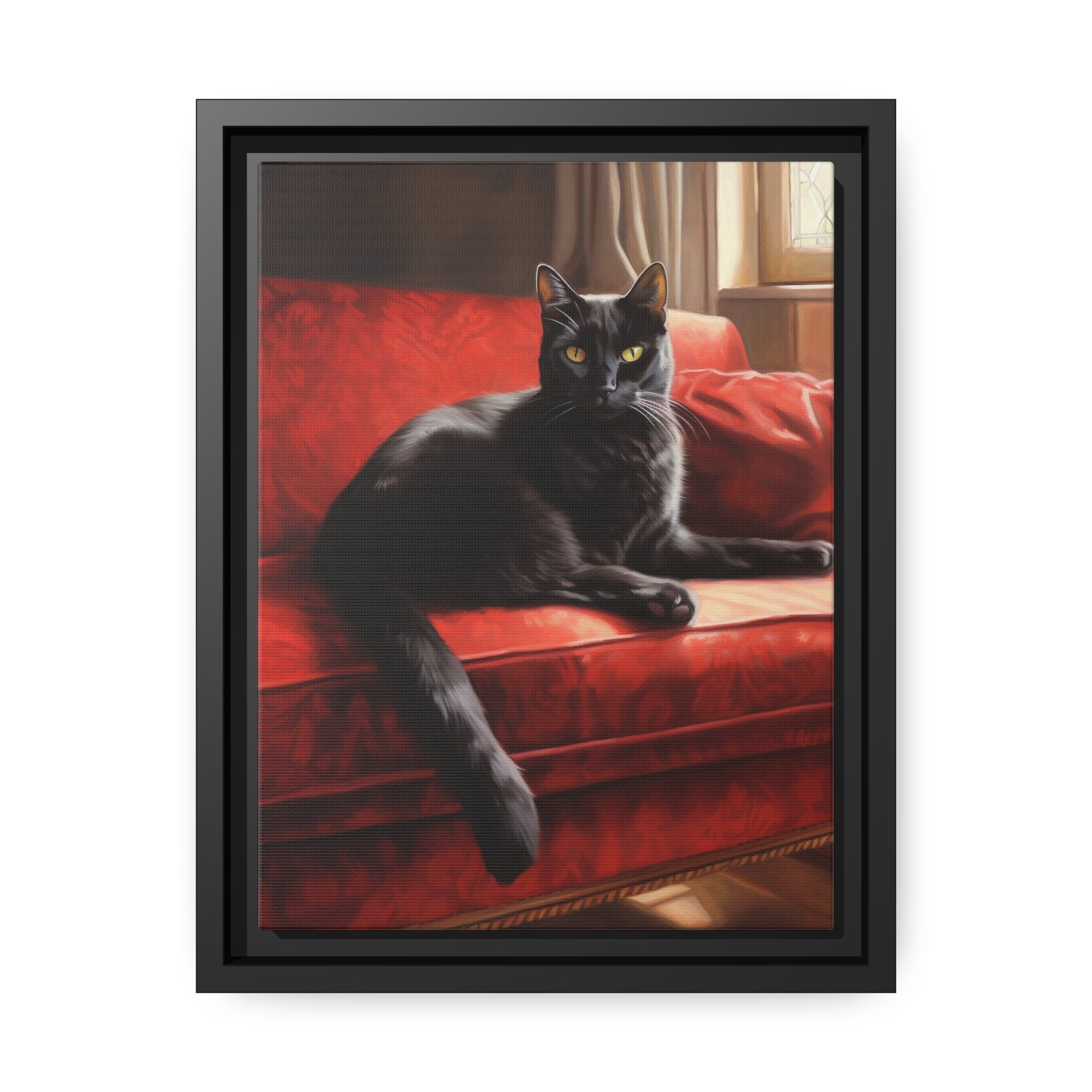 Cat On Red Couch Matte Canvas, Black Frame