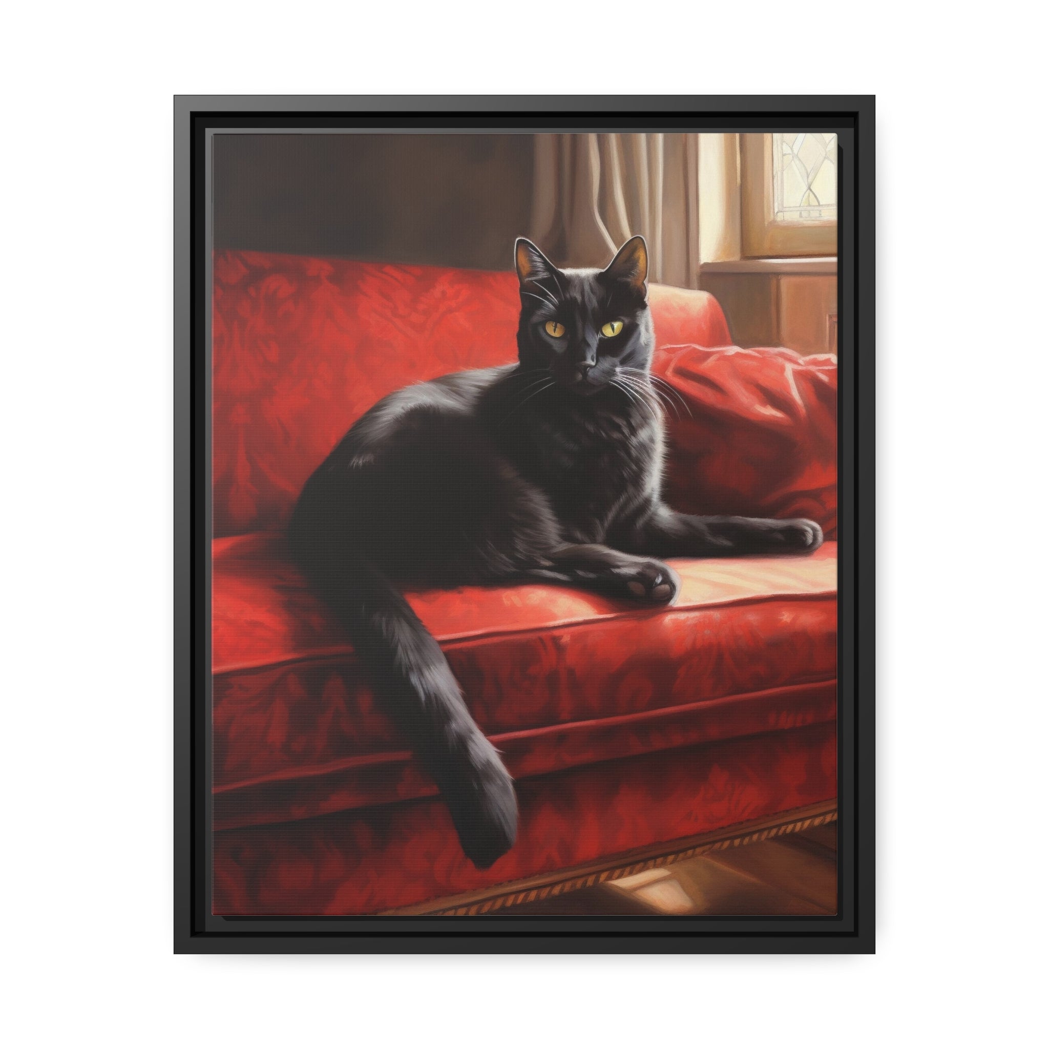 Cat On Red Couch Matte Canvas, Black Frame