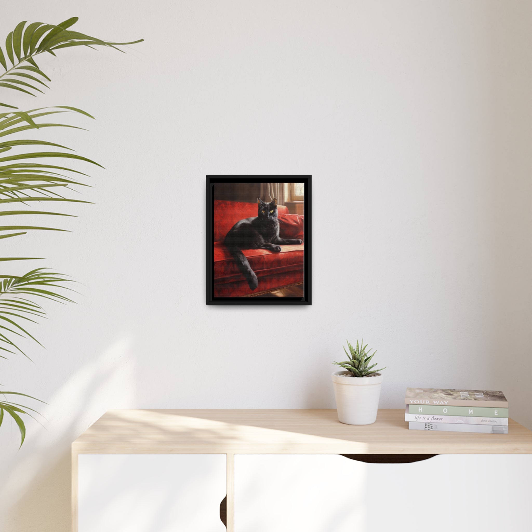 Cat On Red Couch Matte Canvas, Black Frame