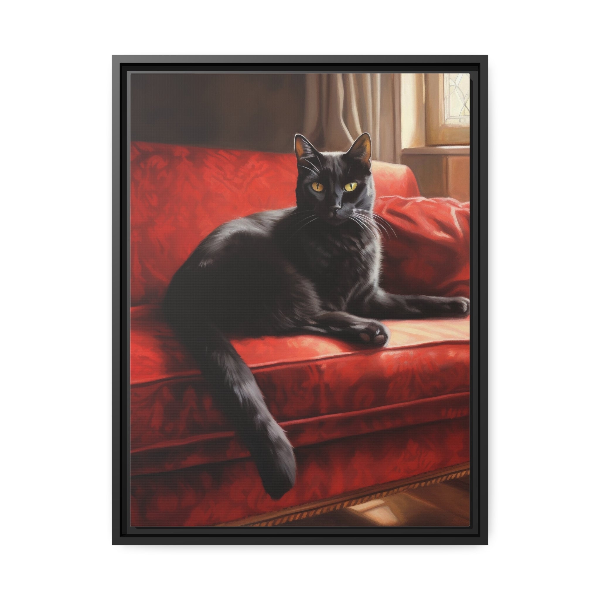 Cat On Red Couch Matte Canvas, Black Frame