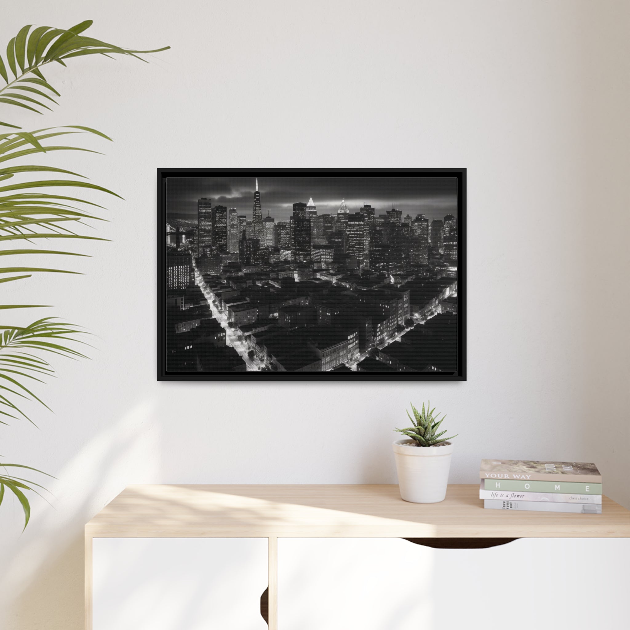 BW City Block Wall Art Matte Canvas, Black Frame