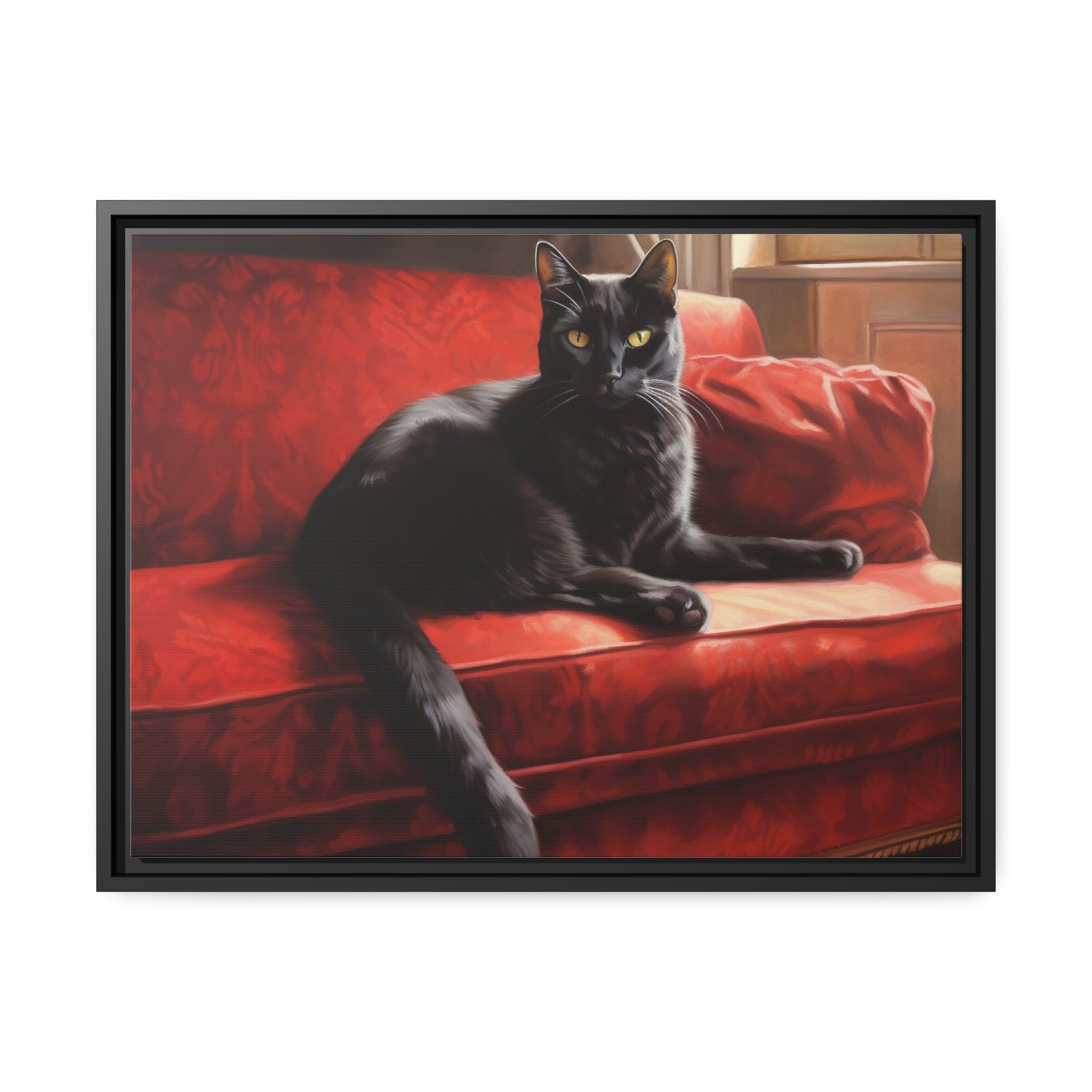 Cat On Red Couch Matte Canvas, Black Frame