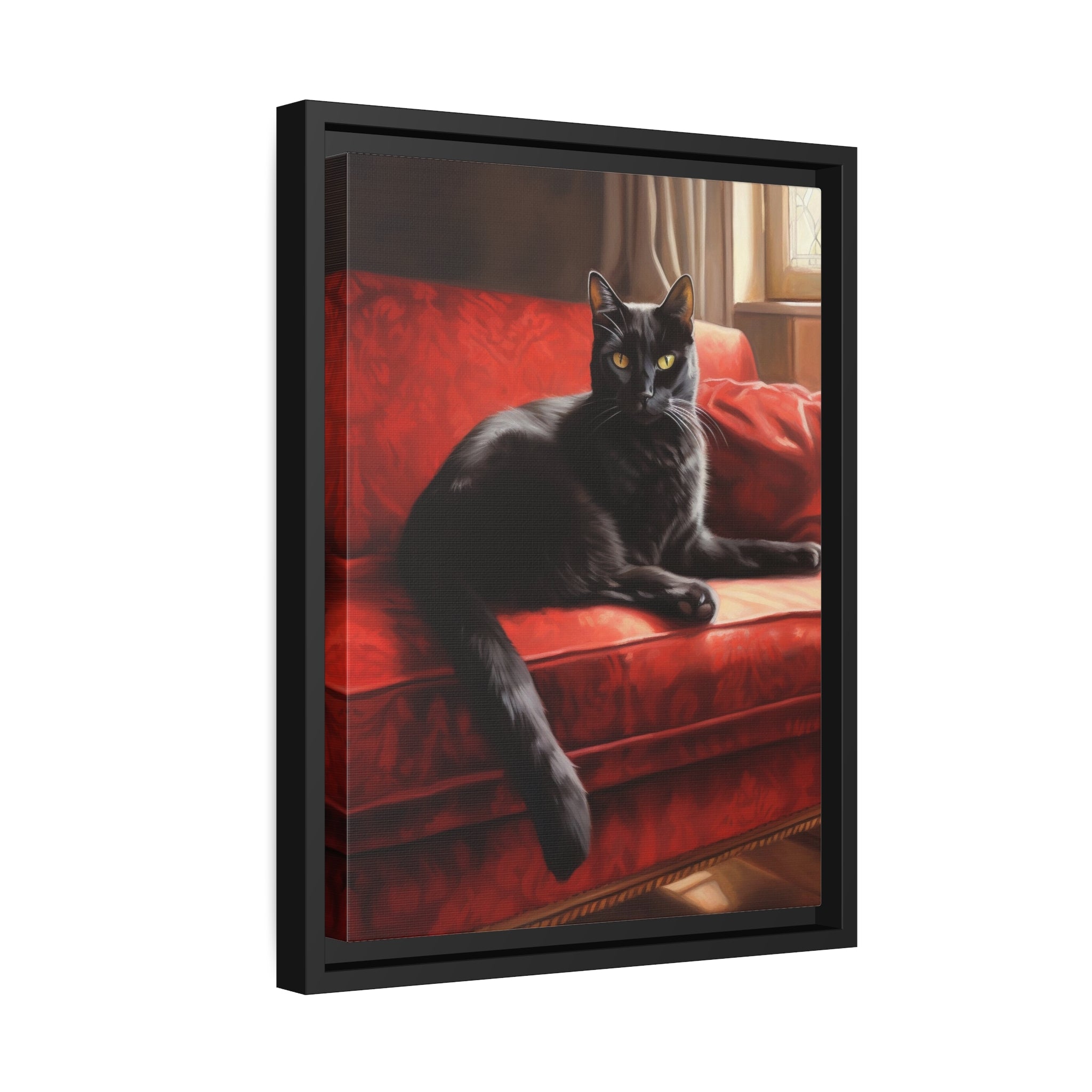 Cat On Red Couch Matte Canvas, Black Frame