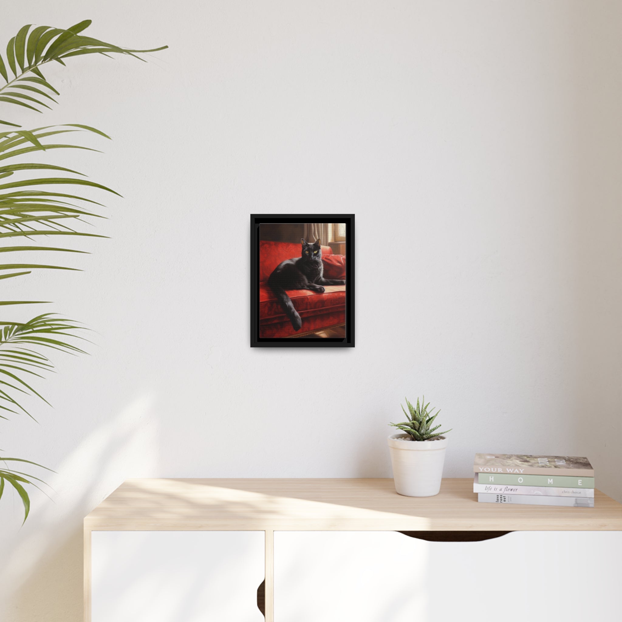 Cat On Red Couch Matte Canvas, Black Frame