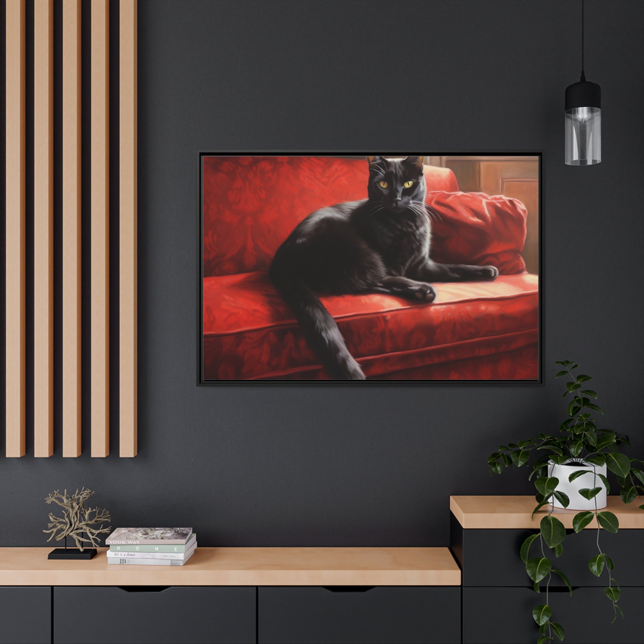 Cat On Red Couch Matte Canvas, Black Frame