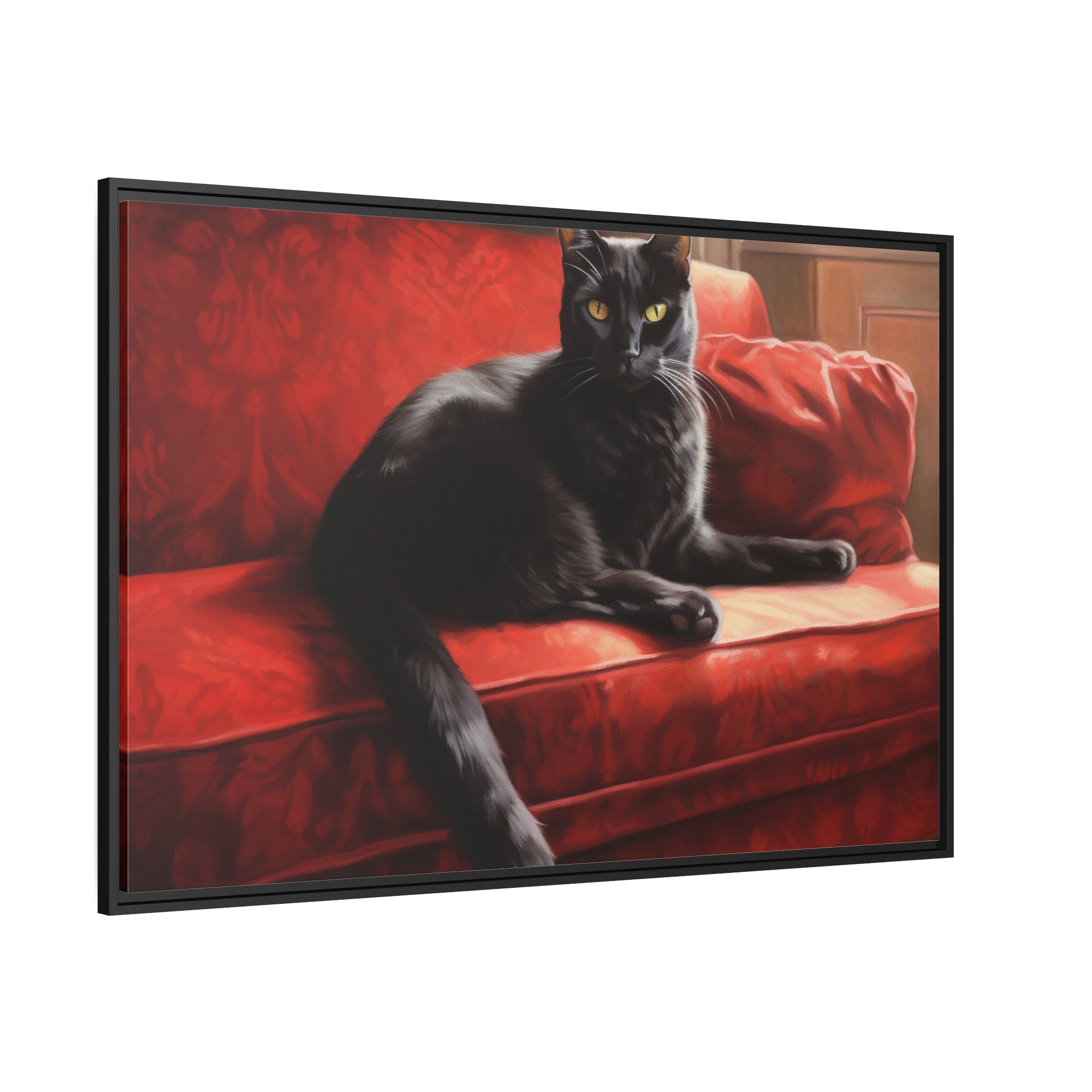 Cat On Red Couch Matte Canvas, Black Frame