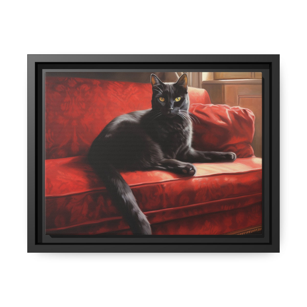 Cat On Red Couch Matte Canvas, Black Frame