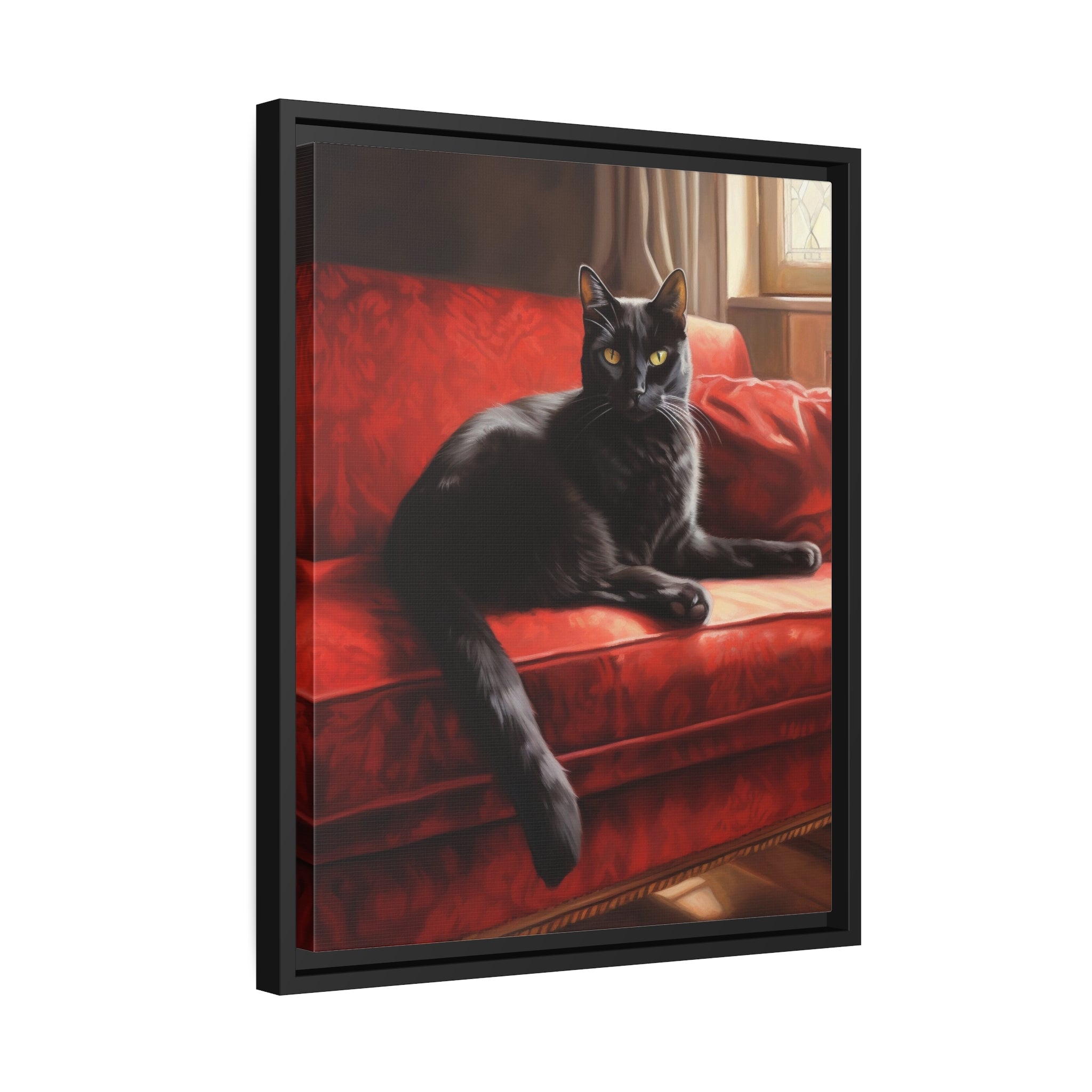 Cat On Red Couch Matte Canvas, Black Frame