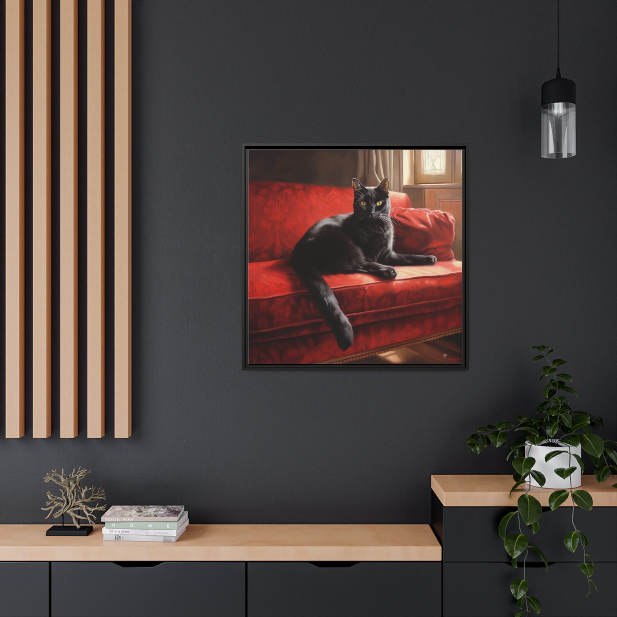 Cat On Red Couch Matte Canvas, Black Frame