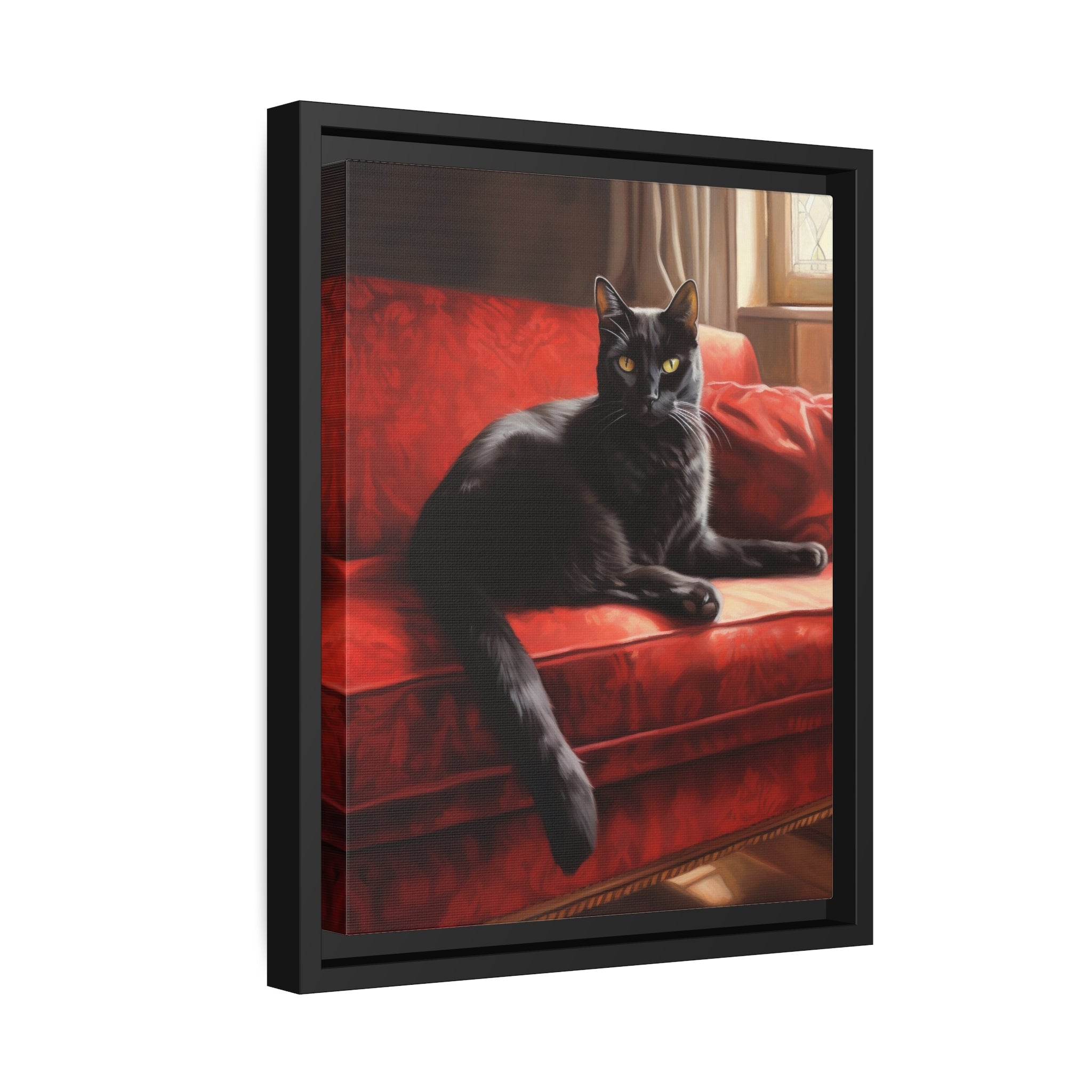 Cat On Red Couch Matte Canvas, Black Frame