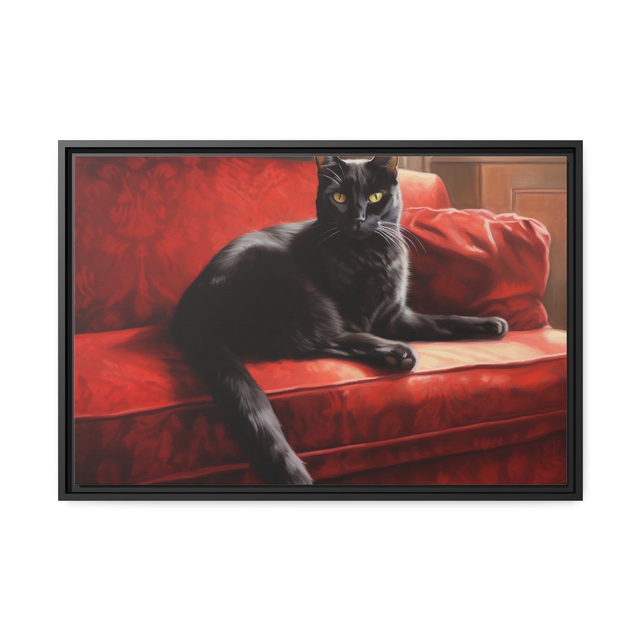 Cat On Red Couch Matte Canvas, Black Frame