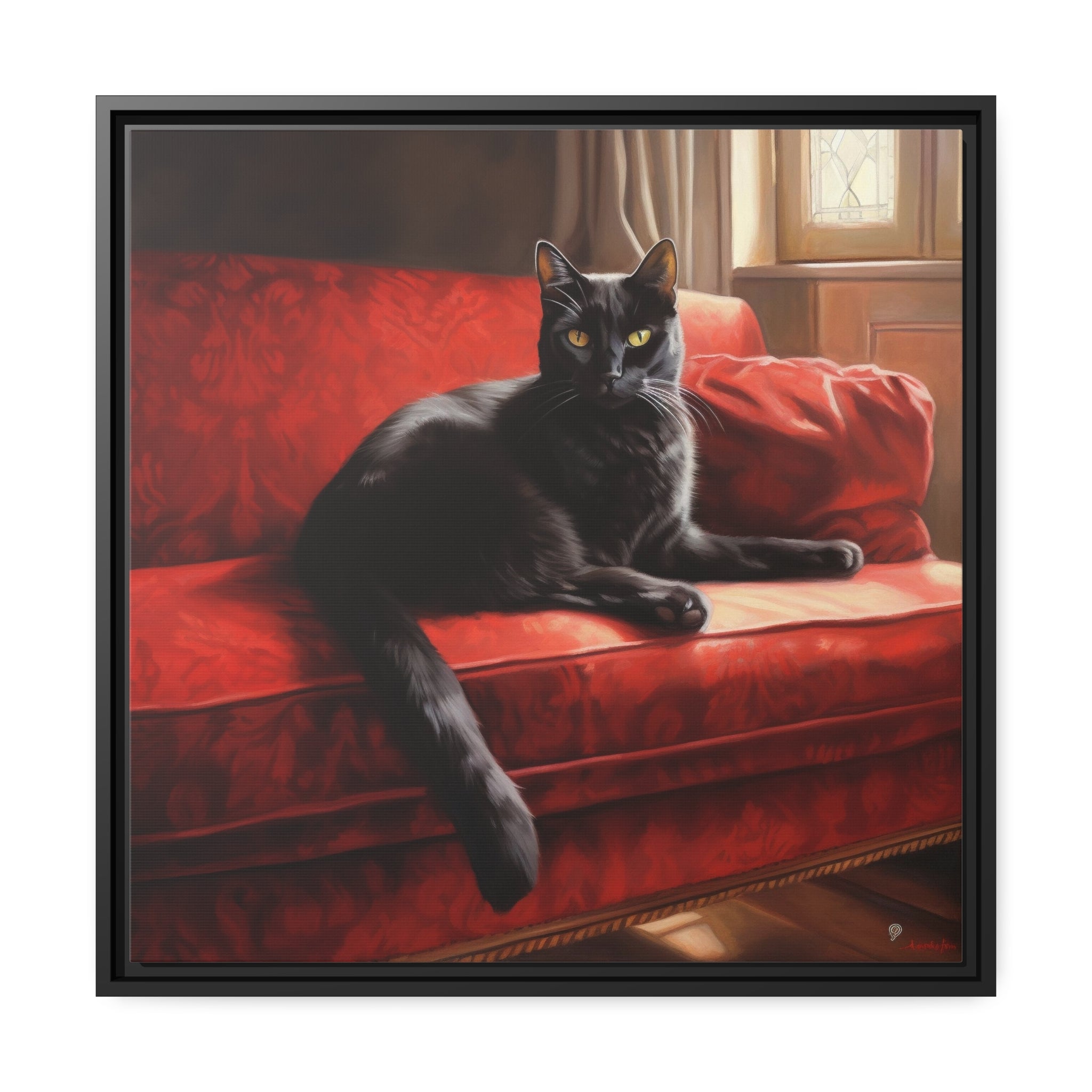 Cat On Red Couch Matte Canvas, Black Frame