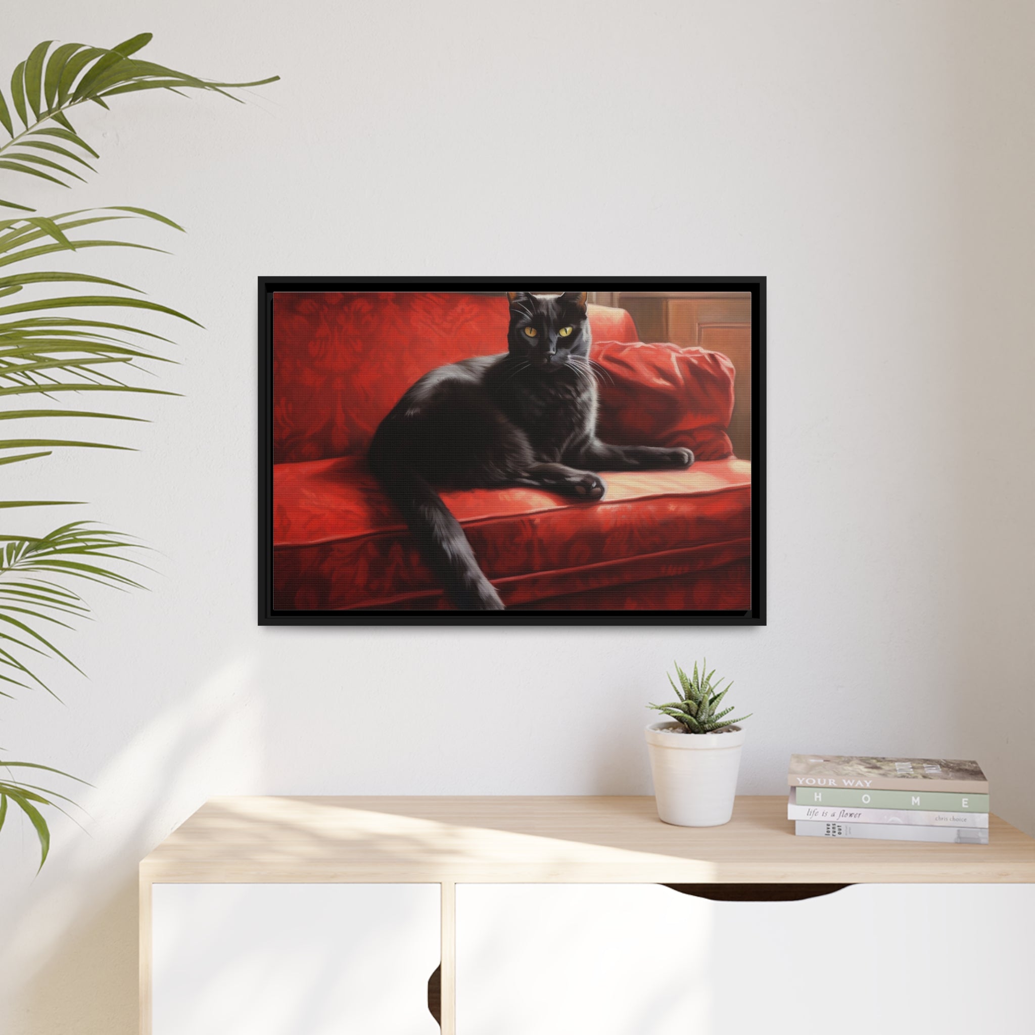 Cat On Red Couch Matte Canvas, Black Frame