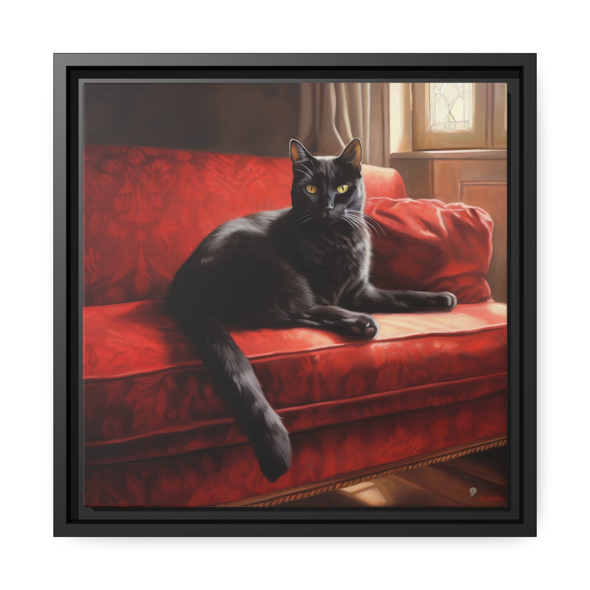 Cat On Red Couch Matte Canvas, Black Frame