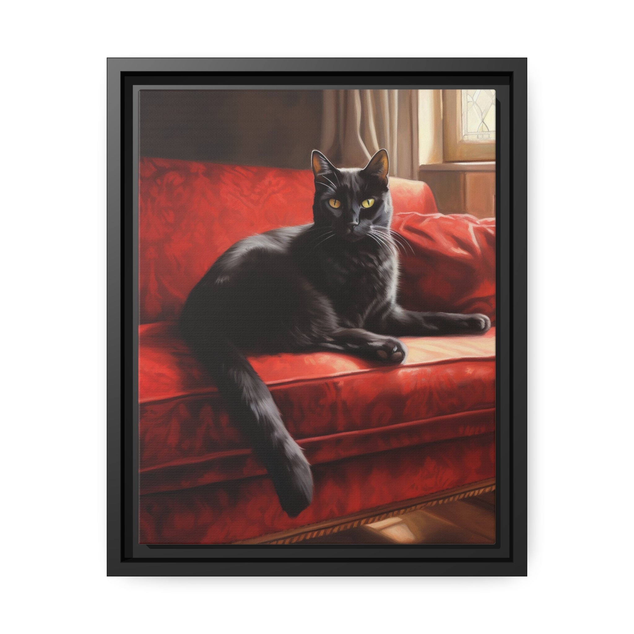 Cat On Red Couch Matte Canvas, Black Frame