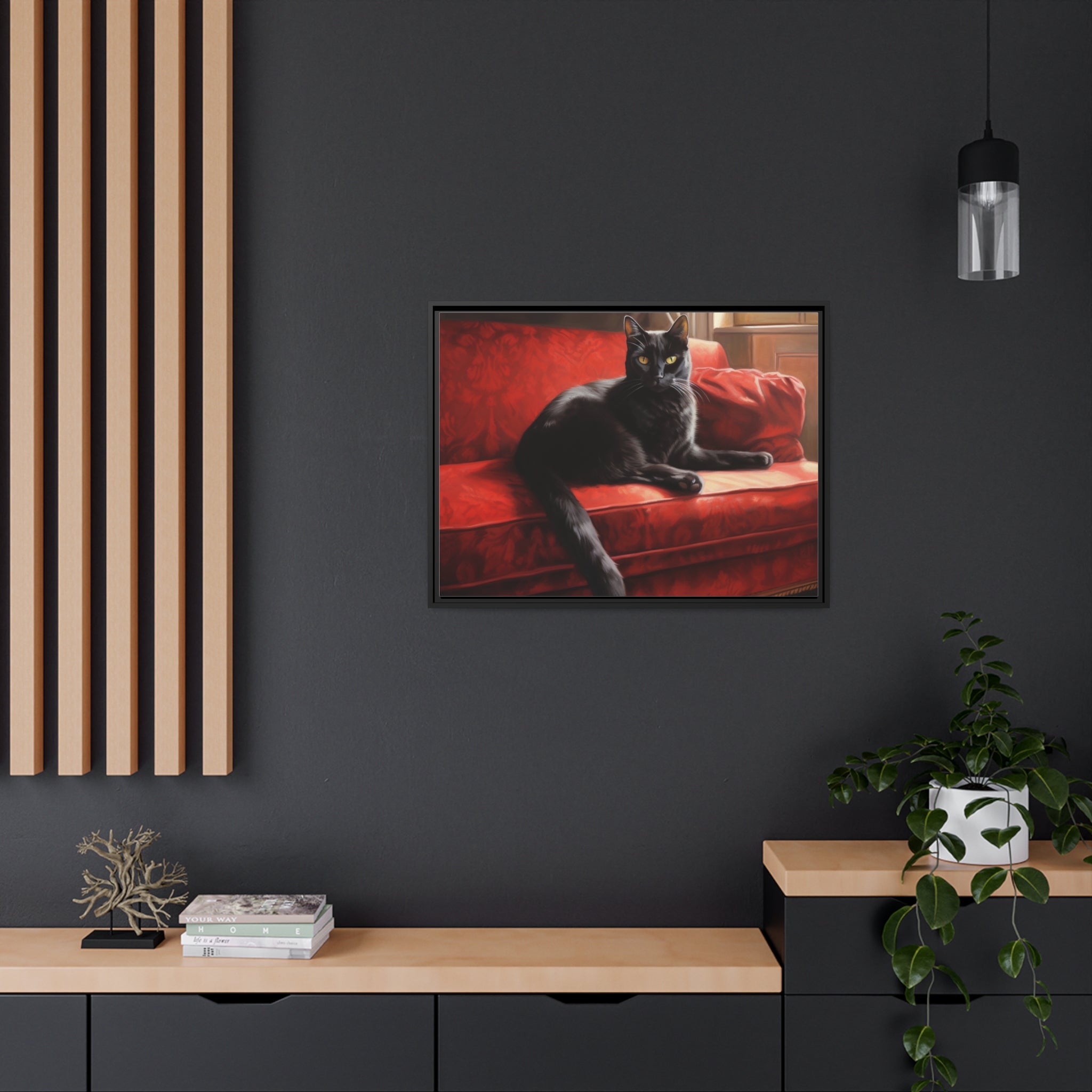 Cat On Red Couch Matte Canvas, Black Frame