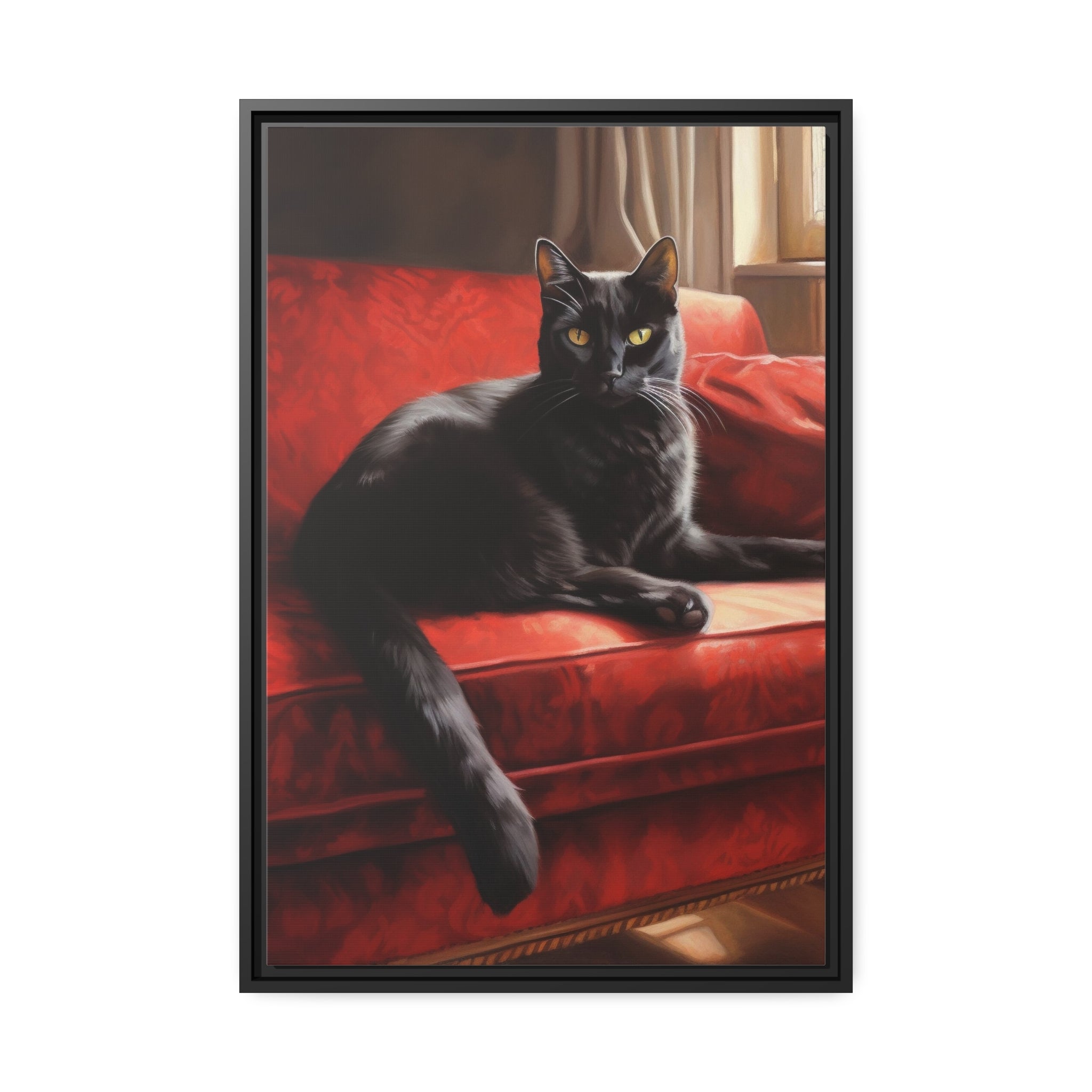 Cat On Red Couch Matte Canvas, Black Frame