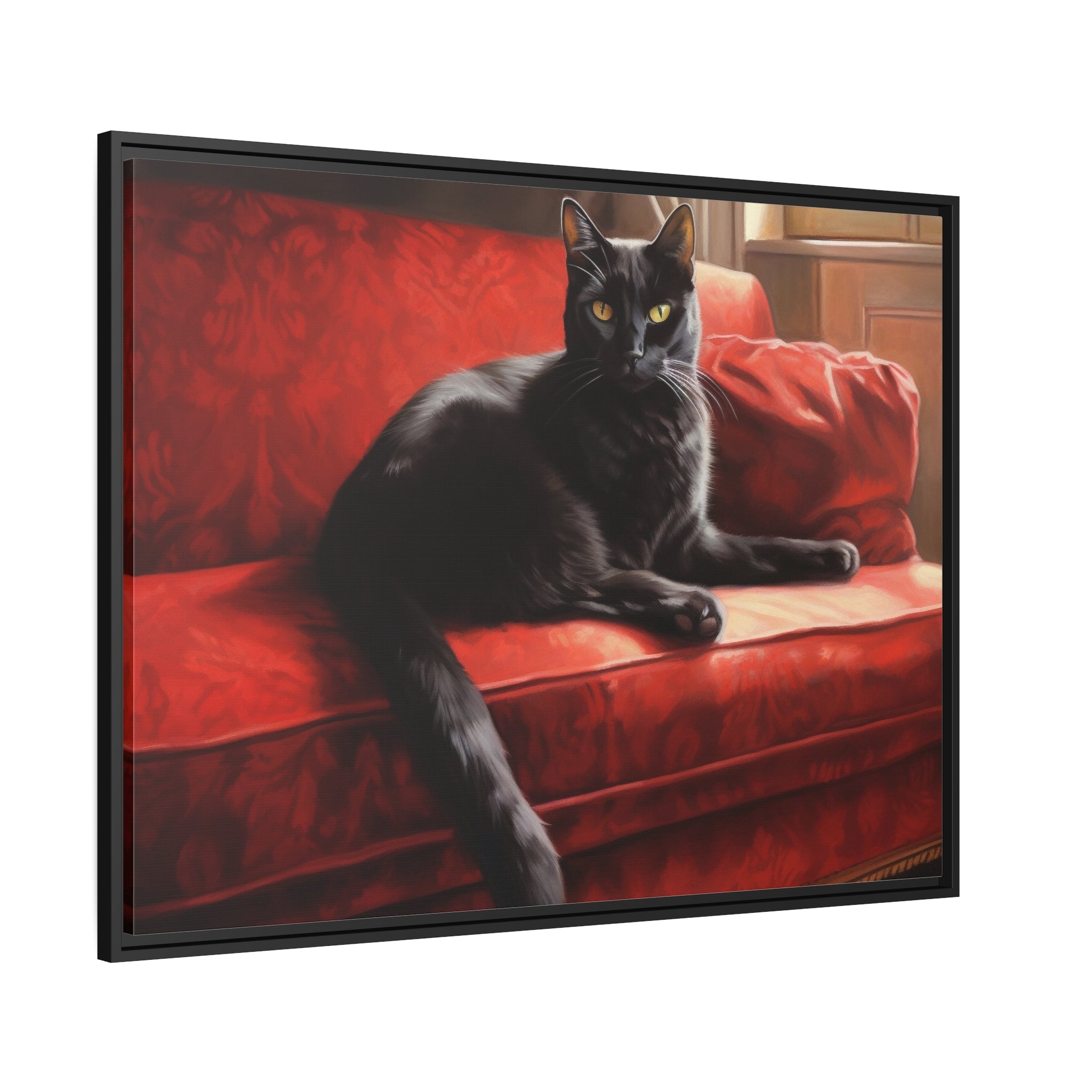 Cat On Red Couch Matte Canvas, Black Frame