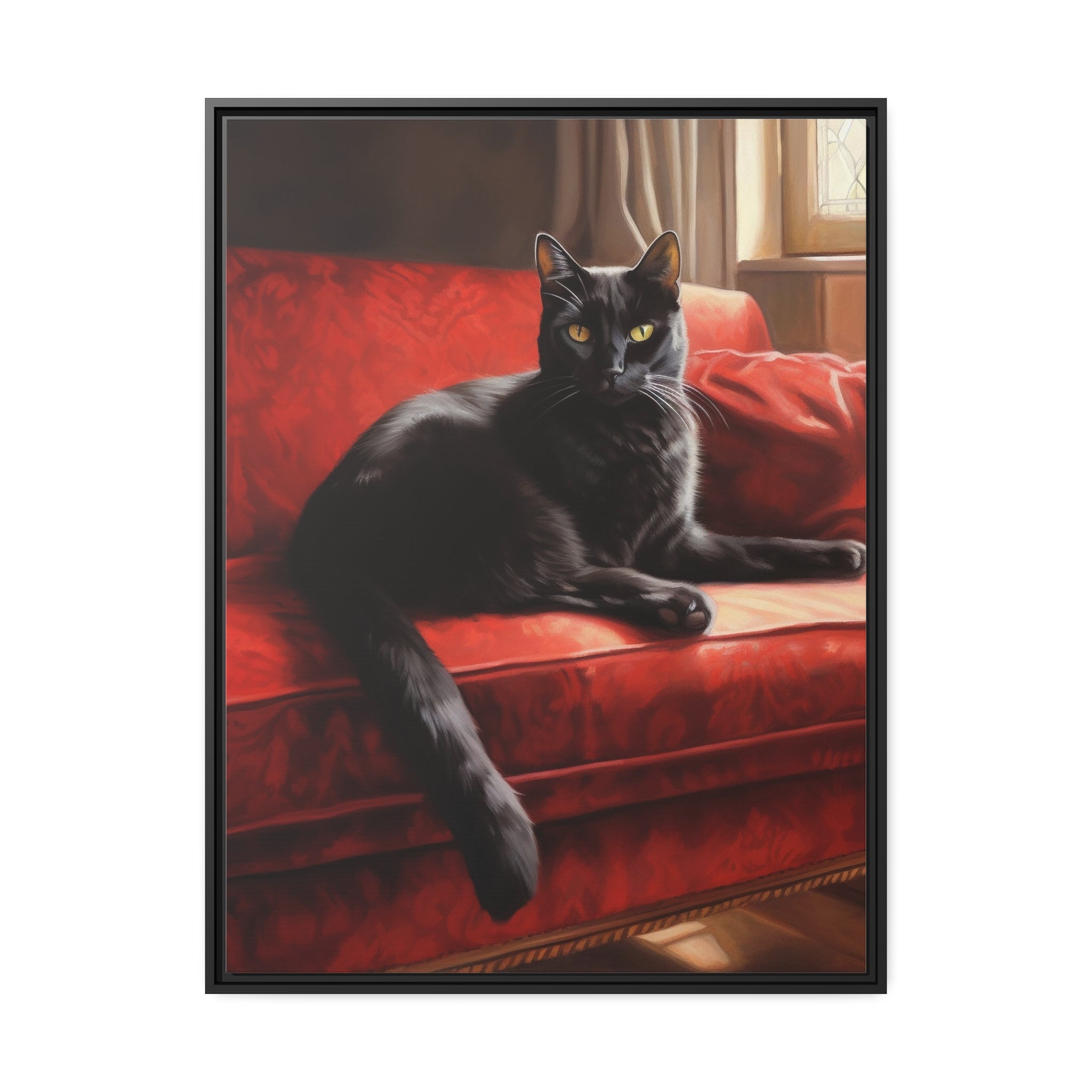 Cat On Red Couch Matte Canvas, Black Frame