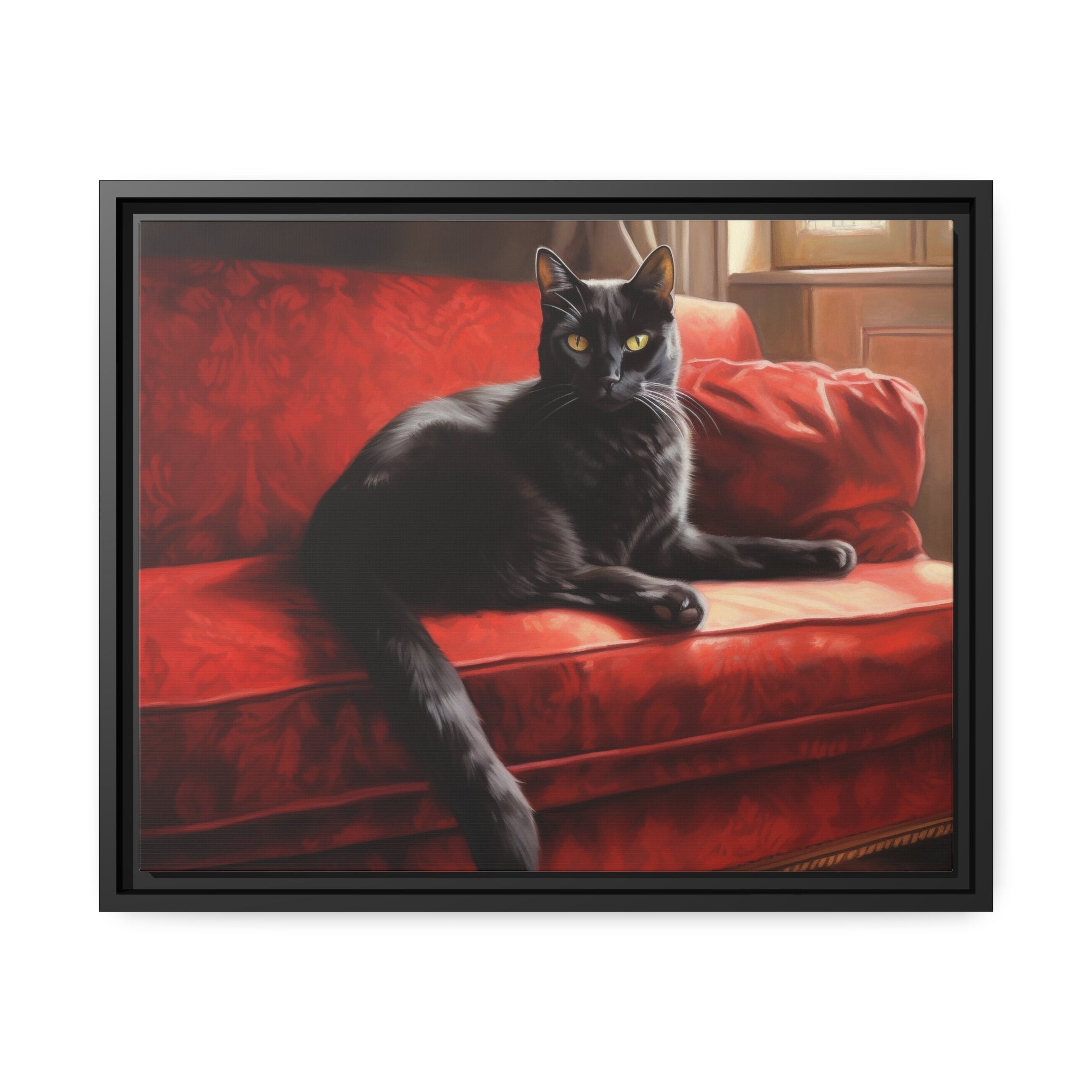 Cat On Red Couch Matte Canvas, Black Frame