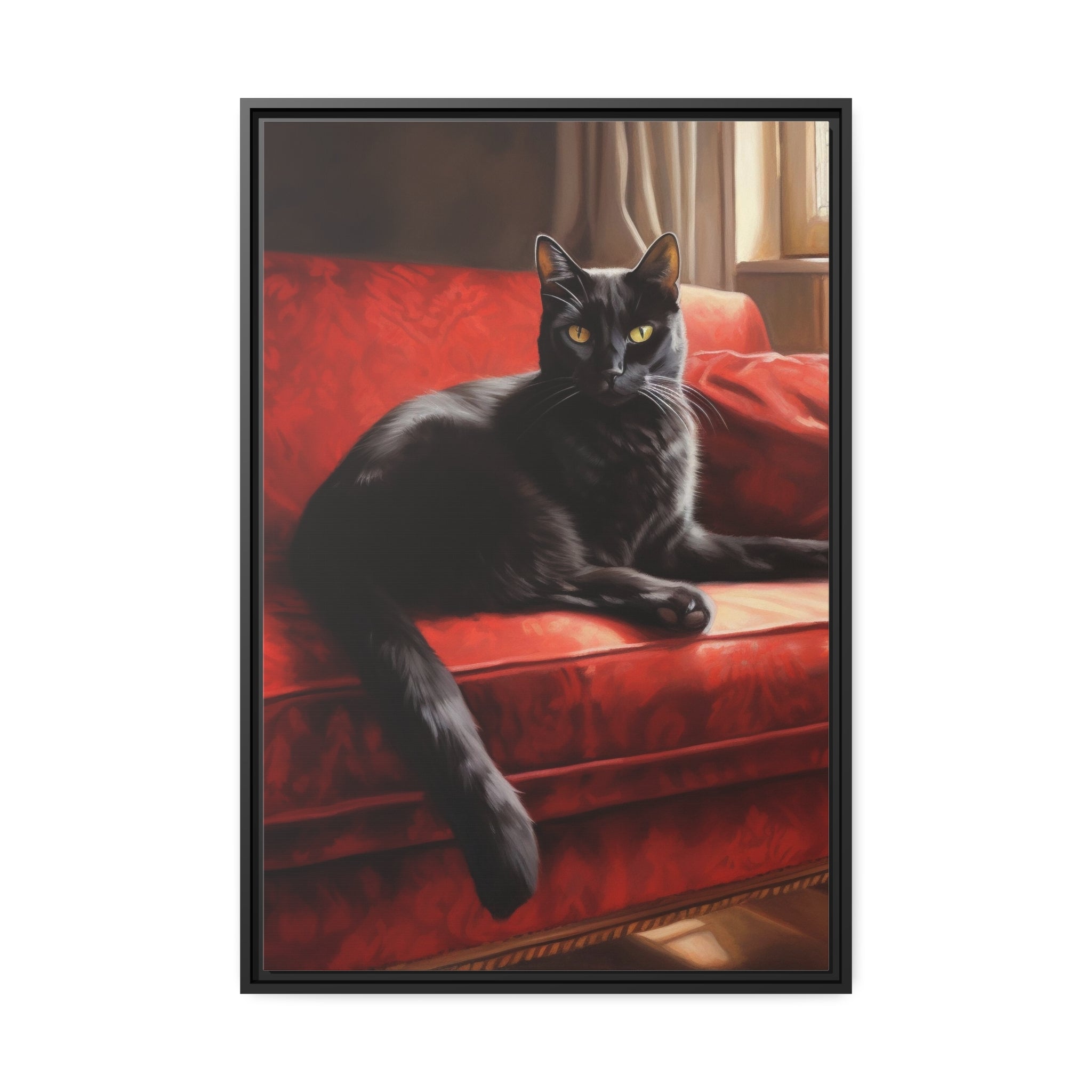 Cat On Red Couch Matte Canvas, Black Frame