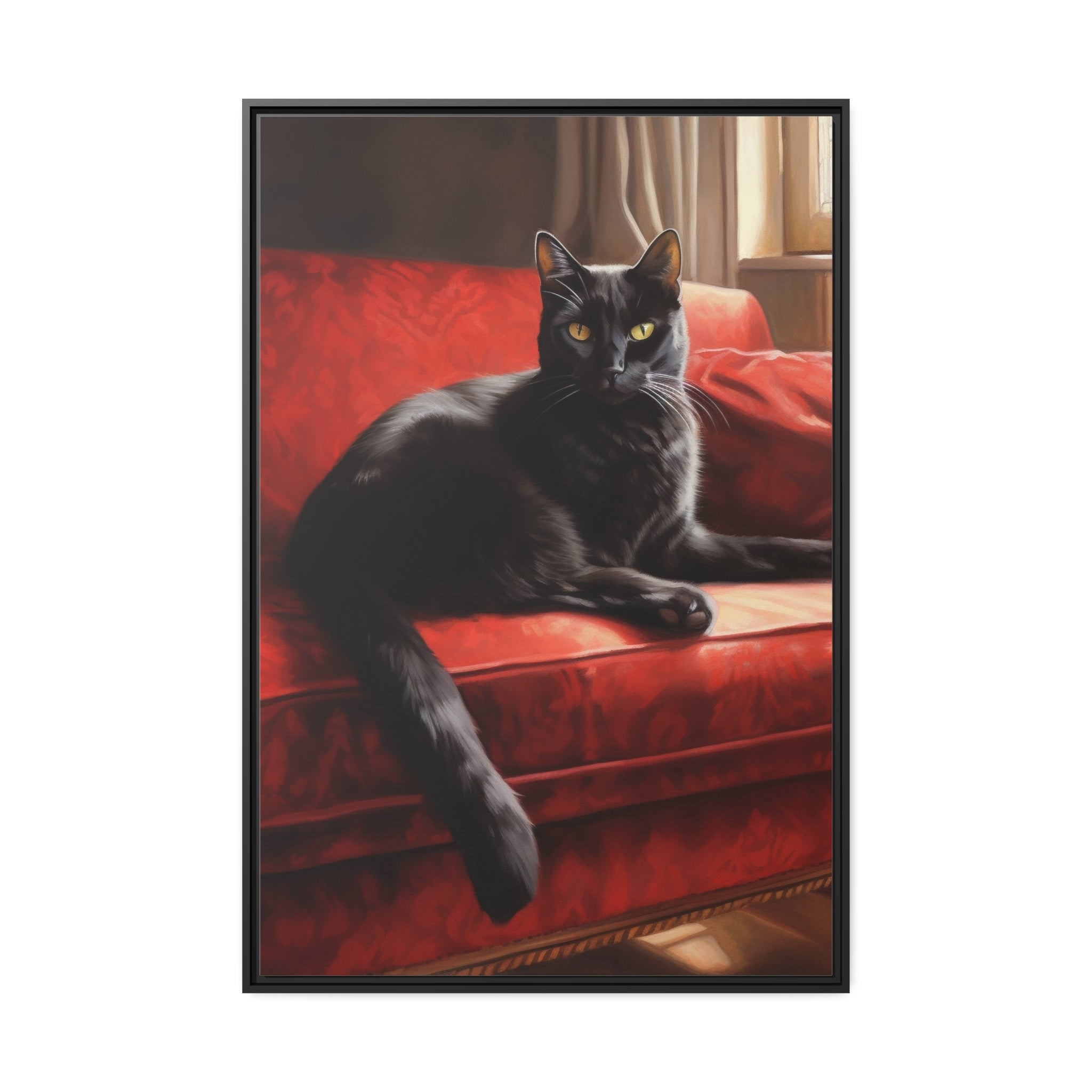 Cat On Red Couch Matte Canvas, Black Frame