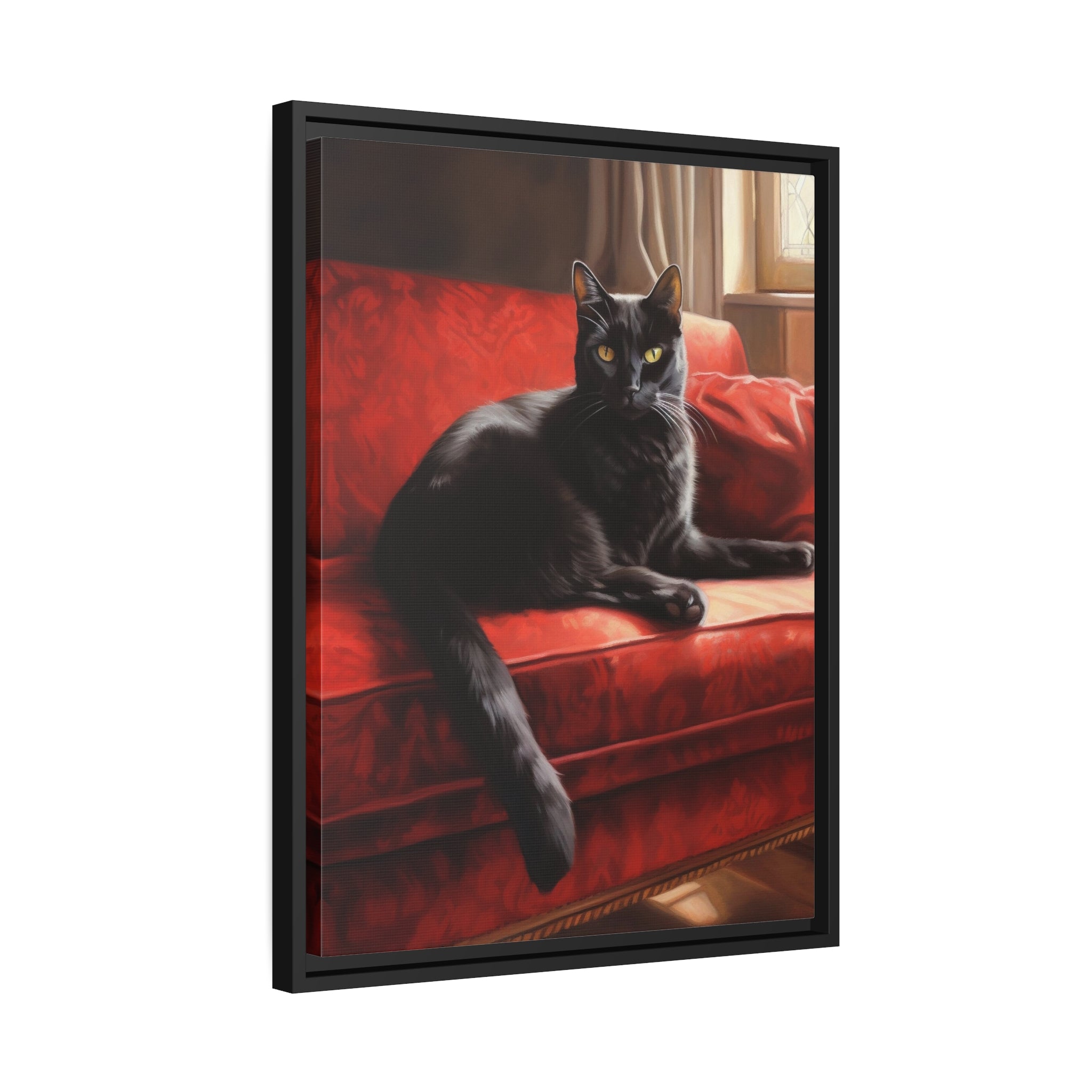 Cat On Red Couch Matte Canvas, Black Frame