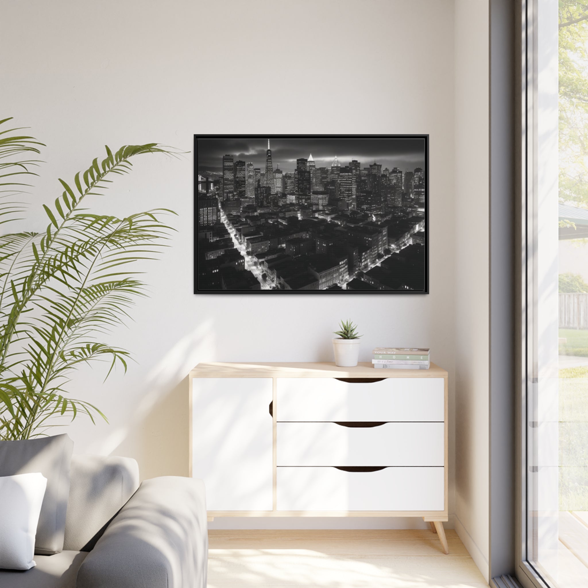 BW City Block Wall Art Matte Canvas, Black Frame