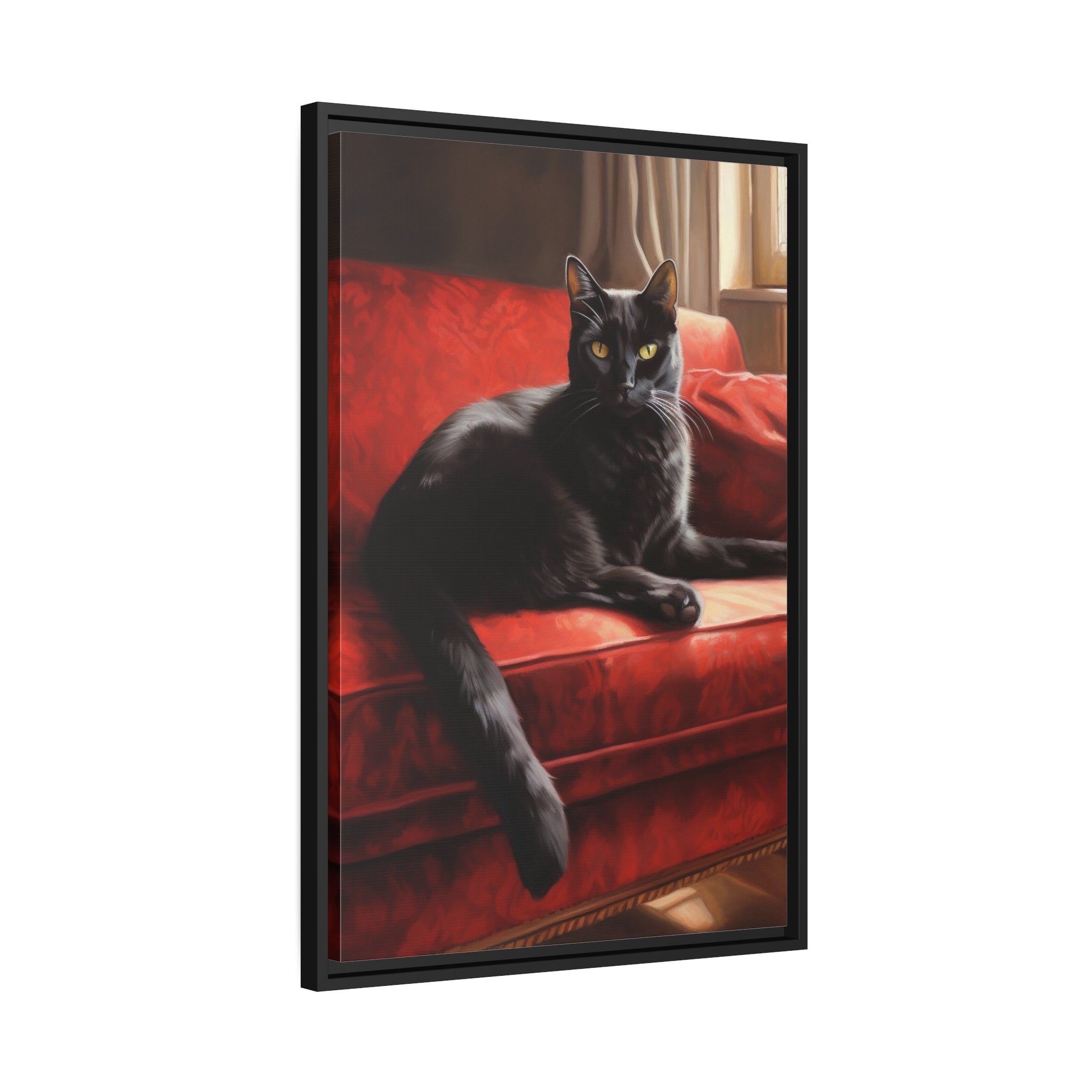 Cat On Red Couch Matte Canvas, Black Frame