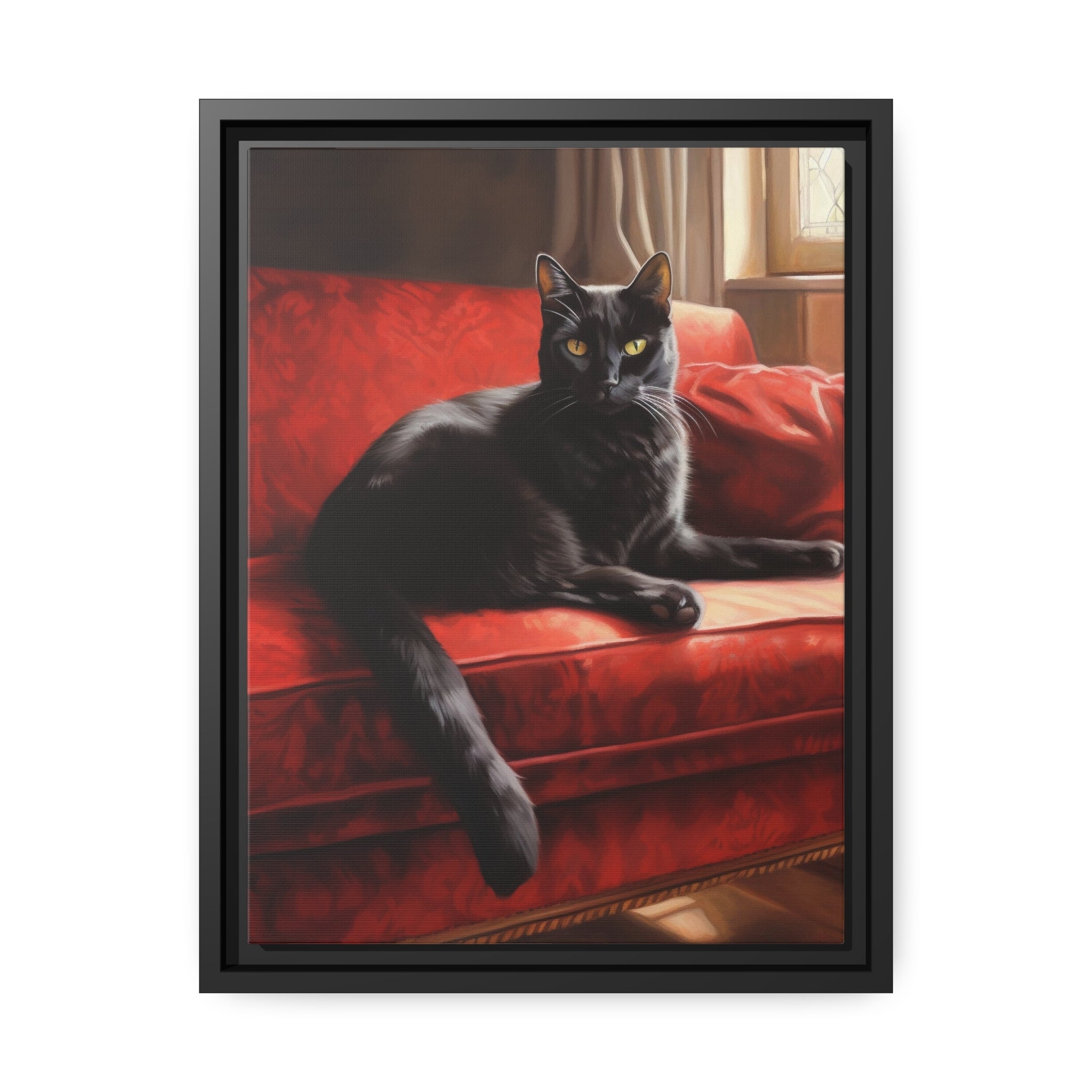 Cat On Red Couch Matte Canvas, Black Frame