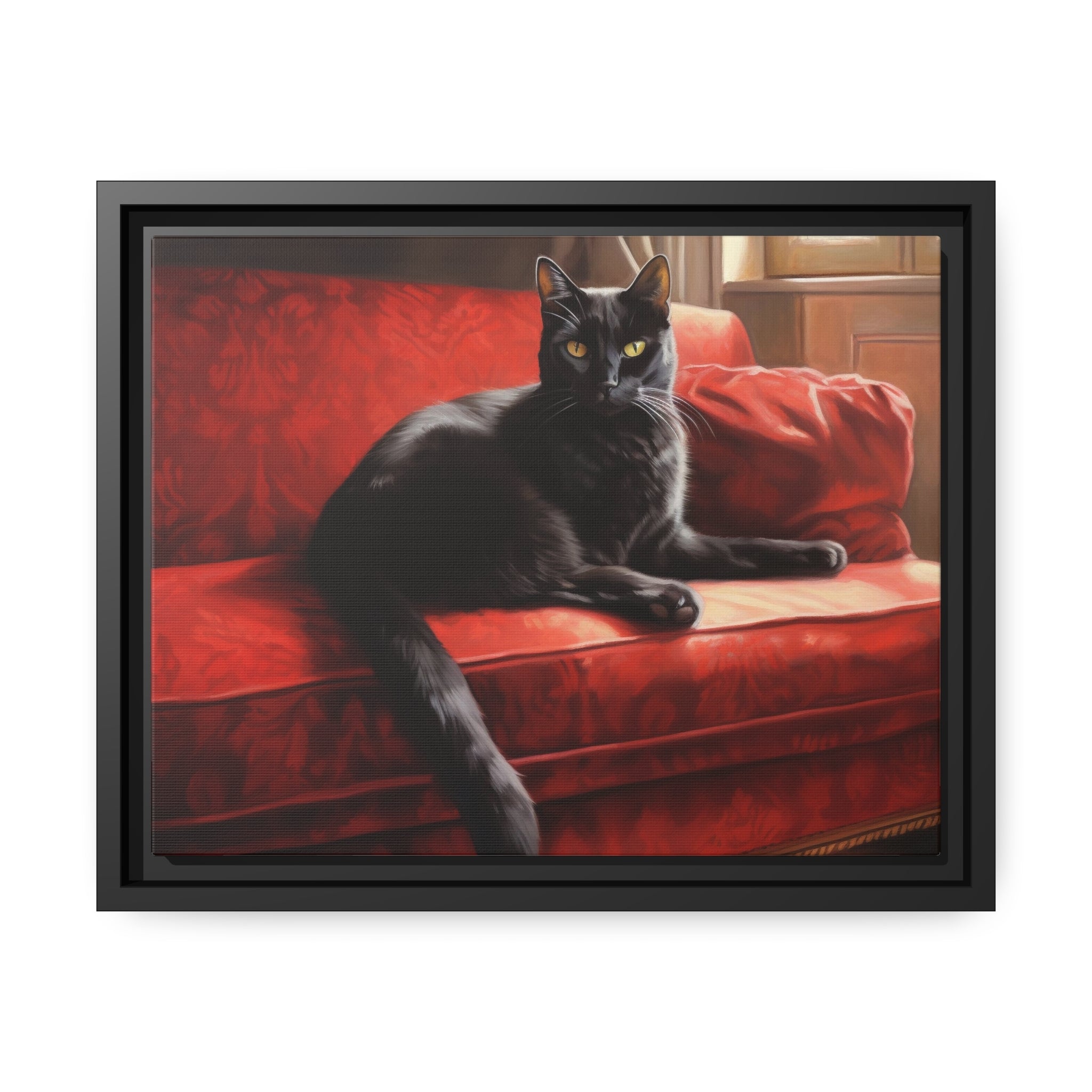 Cat On Red Couch Matte Canvas, Black Frame