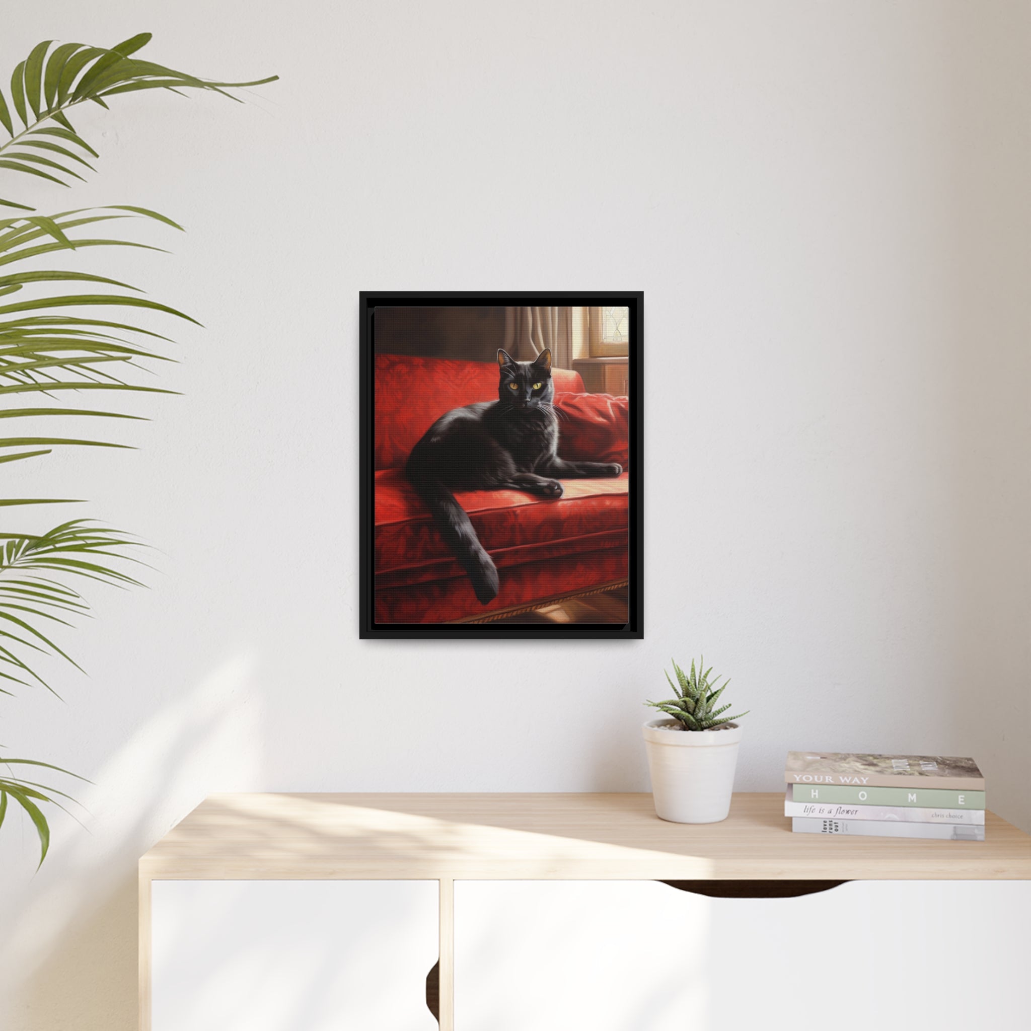 Cat On Red Couch Matte Canvas, Black Frame