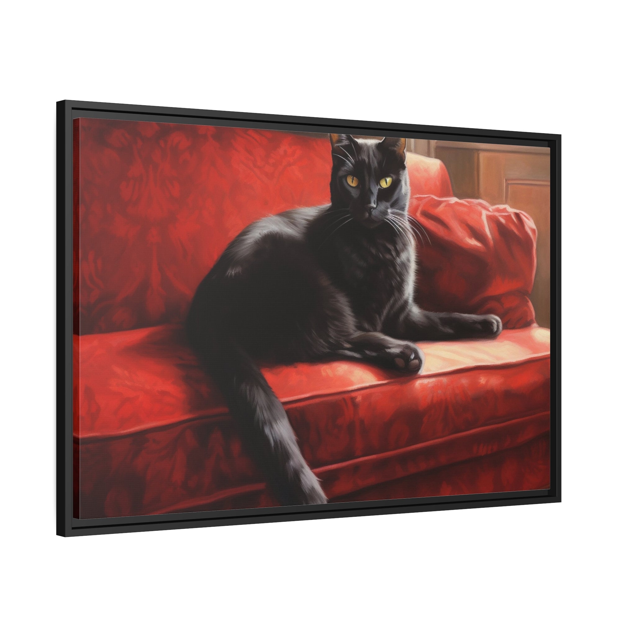 Cat On Red Couch Matte Canvas, Black Frame