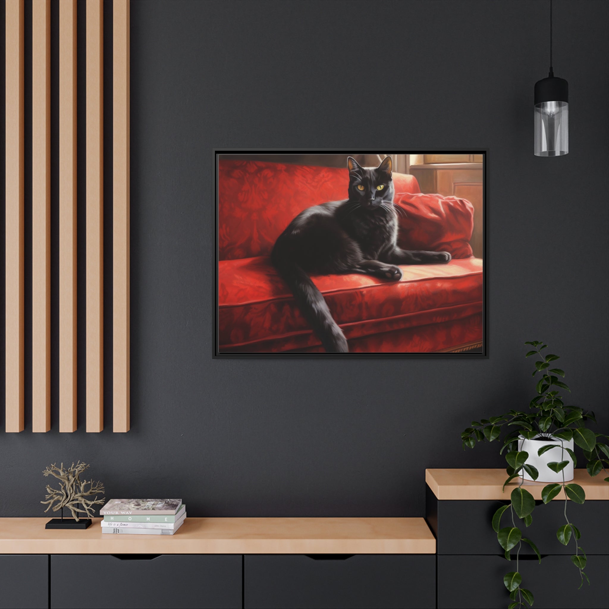 Cat On Red Couch Matte Canvas, Black Frame