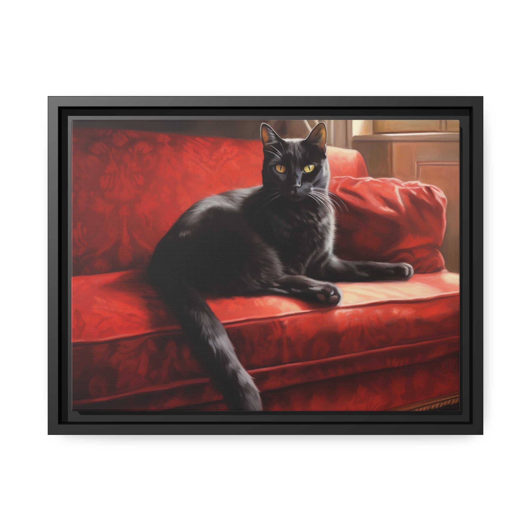 Cat On Red Couch Matte Canvas, Black Frame